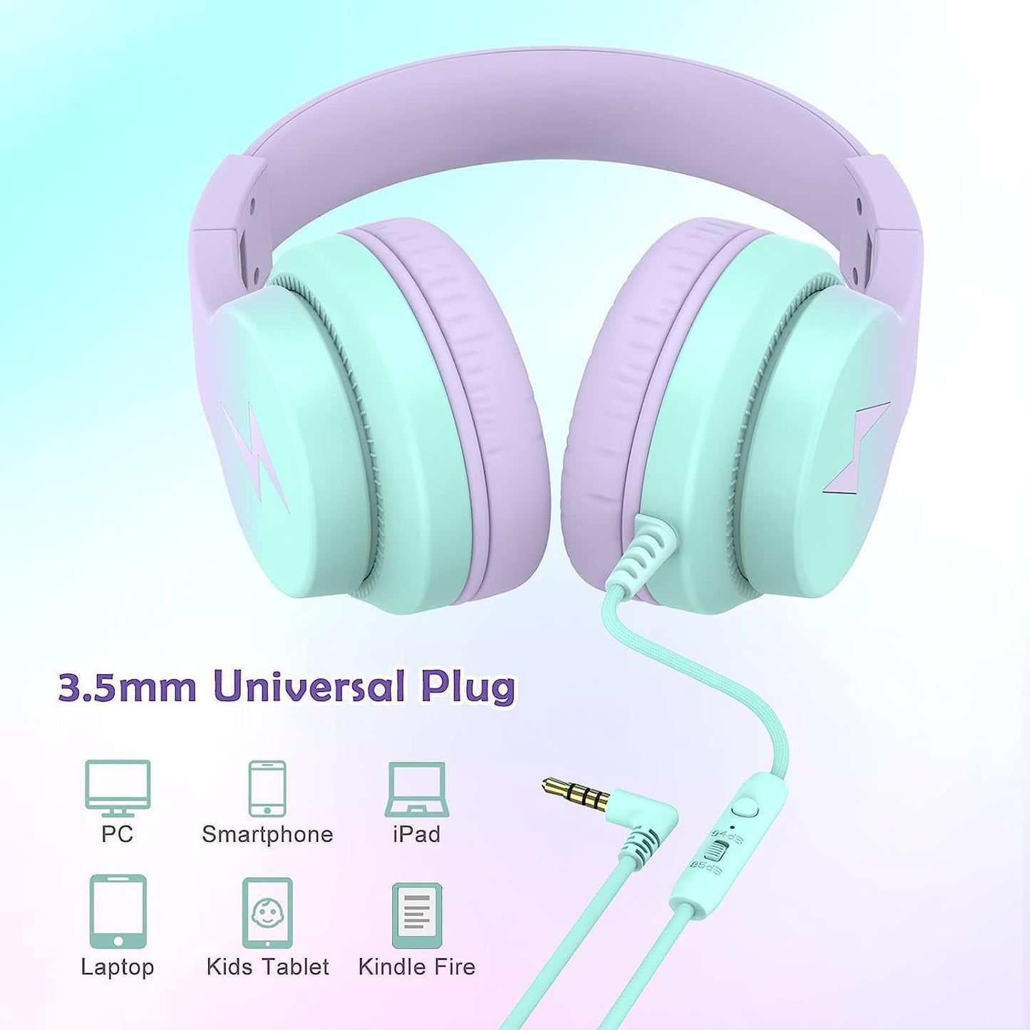 Kids Headphones, Wired Headphones for Kids Over Ear with Microphone, 85/94dB Volume Limiter Headphone for Girls Boys, Foldable Headphone for Learning & Entertainment,Gradient Purple