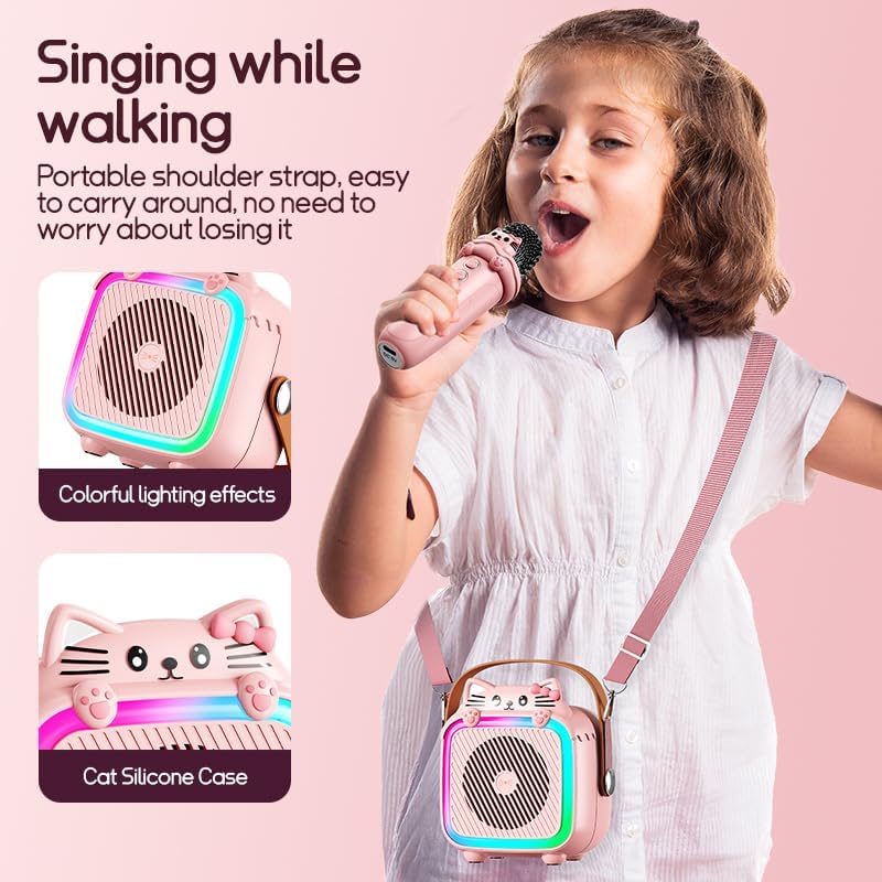 Karaoke Machine with 2 Wireless Microphones for Kids Adults,Portable Bluetooth Speaker Girls Toddlers Toy Gift for Aged 3-12 Year Birthday Parties Christmas Party - Pink