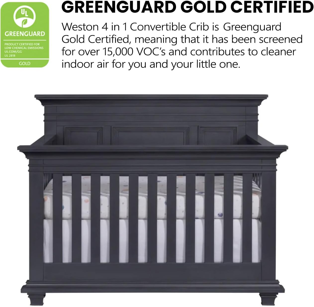 Oxford Baby Weston 4-in-1 Convertible Baby Crib, Midnight Slate, Green Guard Gold Certified