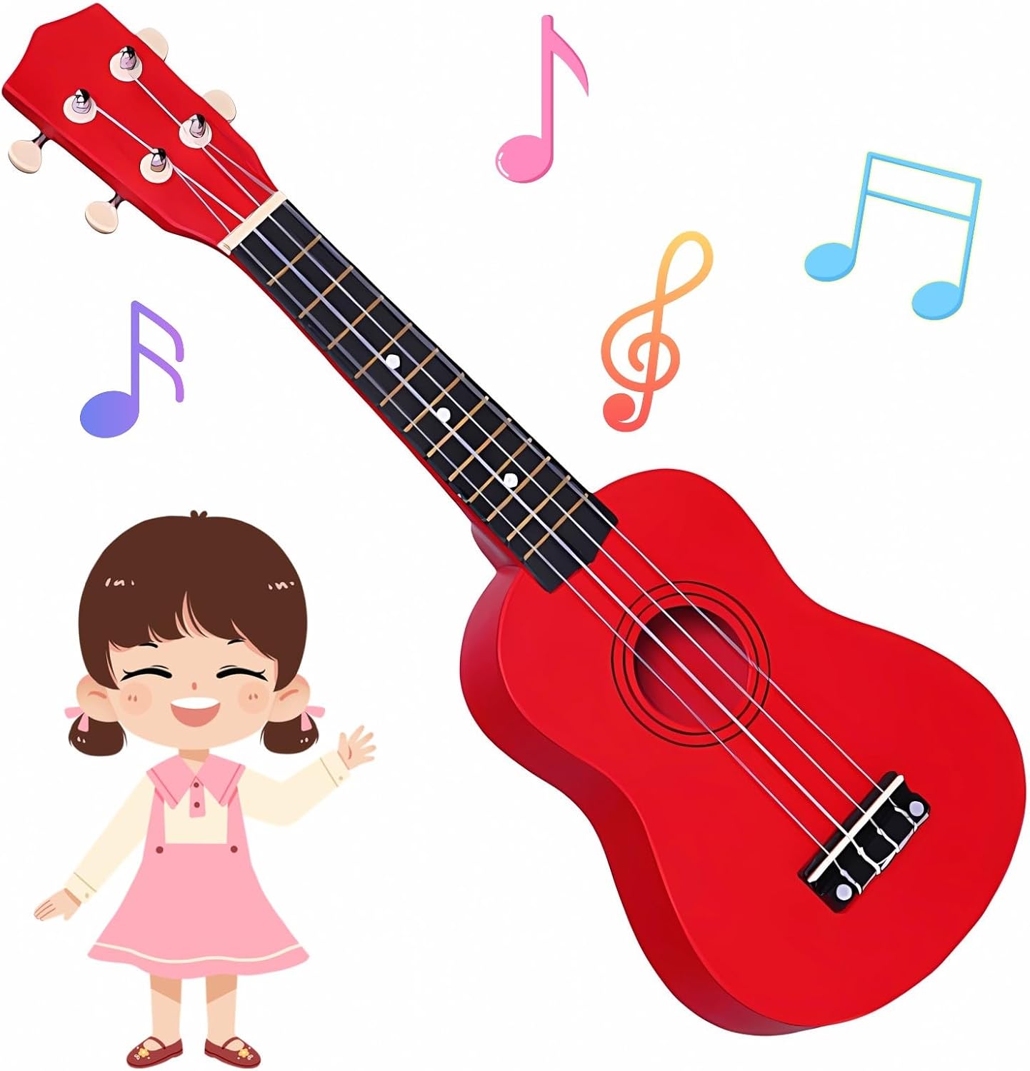 Kids Child Children Wooden Acoustic Guitar Ukulele 21 Inch 4 String Musical Instruments Perfect For Beginner (Red)