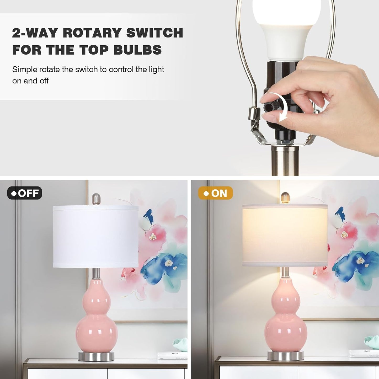 22" Double Gourd Ceramic Table Lamps Set of 2, Pink Modern Bedside Lamps for Living Room, Contemporary Nightstand Desk Lamps for Bedroom End Table Home Office Decor(2 LED Bulbs Included)