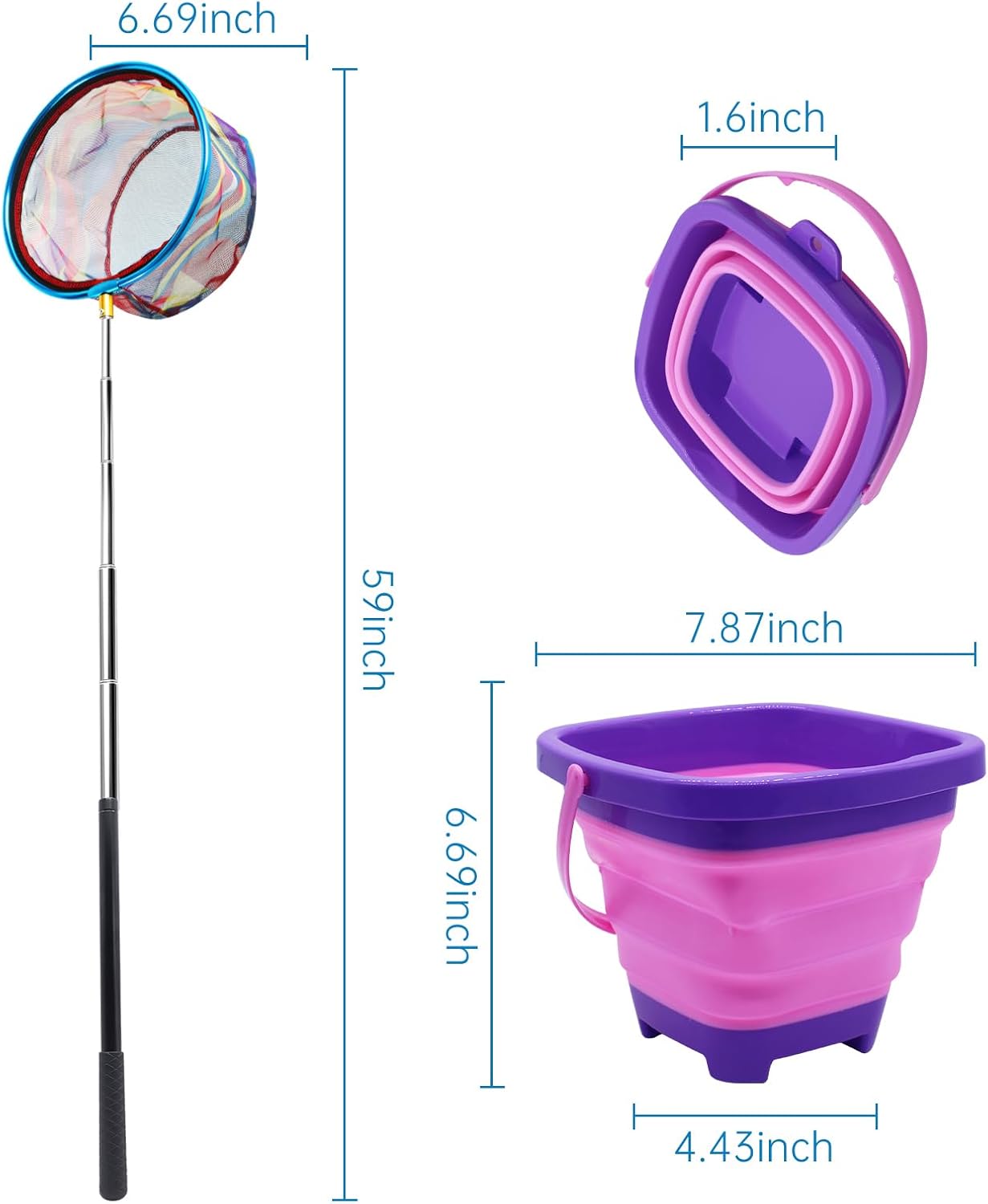 2PCS Fishing Net with Bucket, Telescopic Fishing Landing Net, Collapsible Kids Sand Bucket, Kids Fish Butterfly Catching for Freshwater Saltwater Outdoor Activities