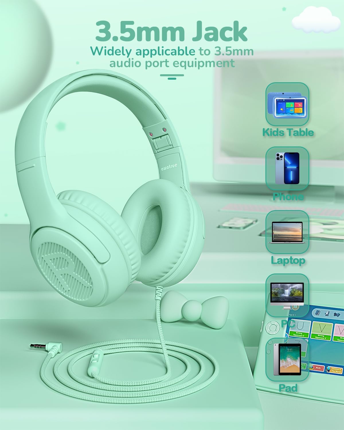 Kids Headphones for School Toddler Wired with Microphone Plug in Bulk Boys Headset Girls 3+ Year Old Green