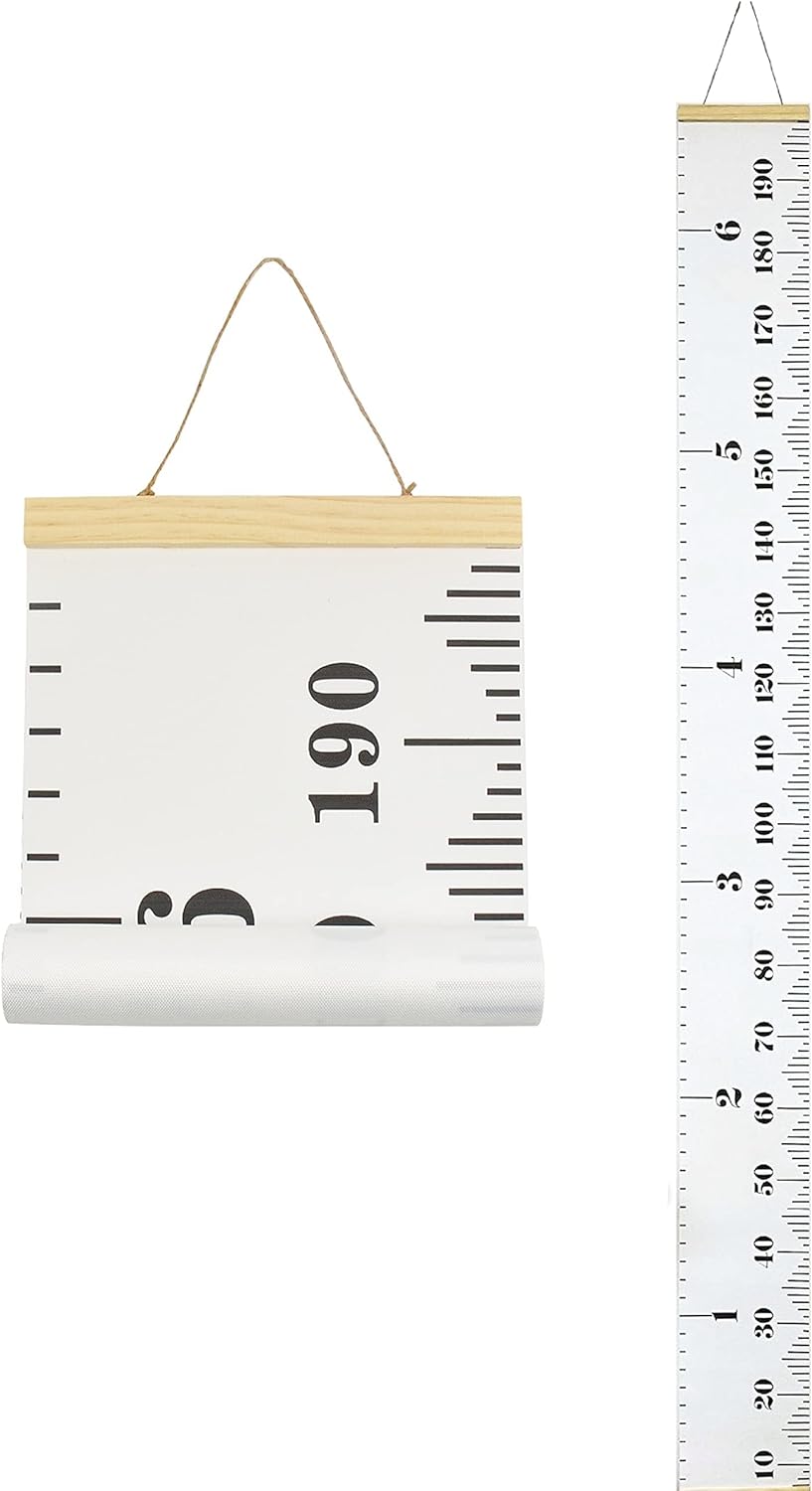 Kids Growth Chart, Wood Frame Fabric Canvas Height Measurement Ruler from Baby to Adult for Child's Room Decoration 7.9 x 79in (7.9 x 79in, White & Black)
