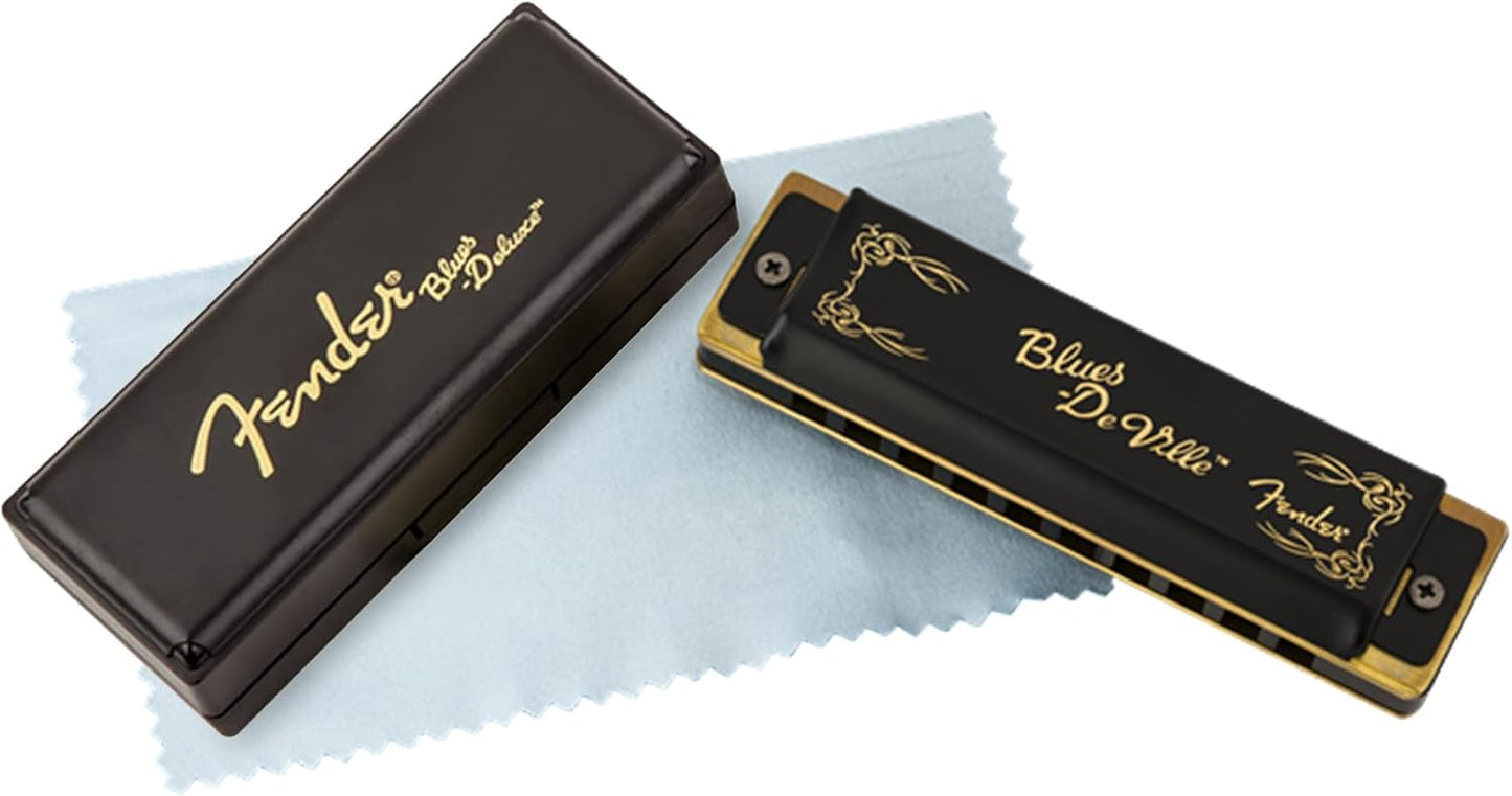 Fender Blues DeVille Harmonica - Key of Bb Bundle with Carrying Case, Austin Bazaar Online Manual, and Polishing Cloth