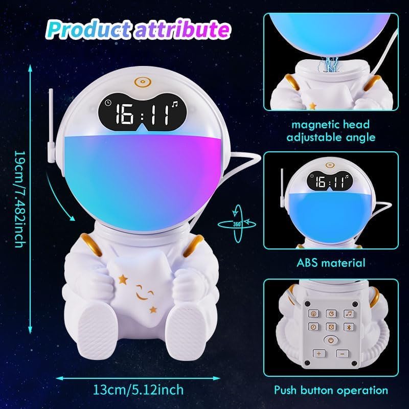 Astronaut Kids Sunrise Alarm Clock, 7 Dimmable Light Wake Clock for Teens, White Noise Bluetooth Speaker with 9 Soothing Sounds, Best Modern Alarm Clock for Heavy Sleepers, Adults, Boys in Bedroom
