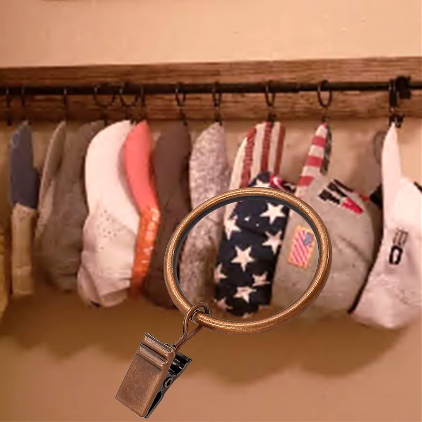 40 Pack Antique Copper Curtain Rings with Clips, Curtain Hooks Hangers Clip Rings for Hanging Drapes Bows Hat, Drapery Rings 1.5 in I D, Fits up to 1.2 in Diameter Curtain Rod.