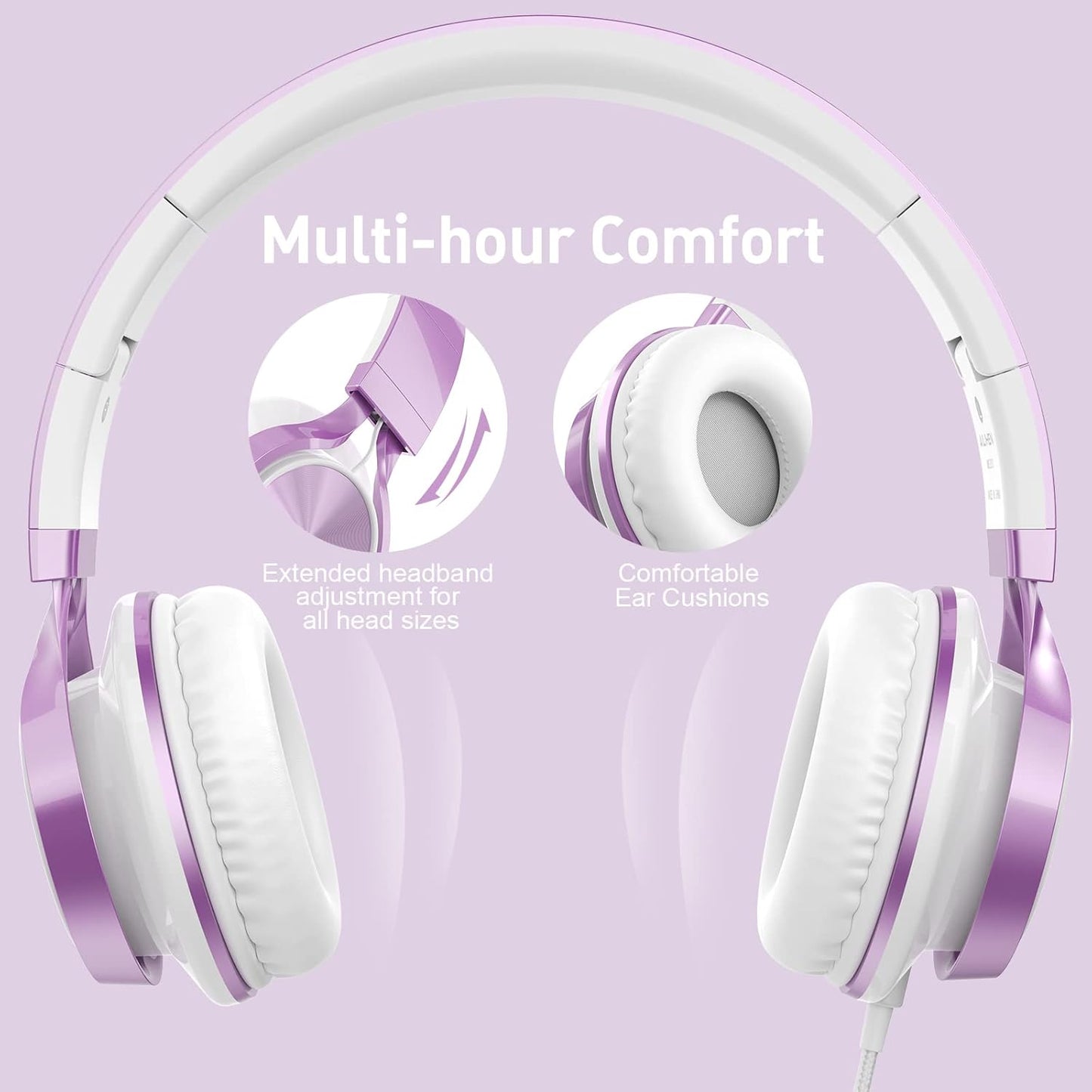 AILIHEN MS300 Purple Girl Headphones Wired with Microphone for Chromebook Laptop Computer, 3.5mm Foldable Lightweight on-Ear Headphones for School Teen Students