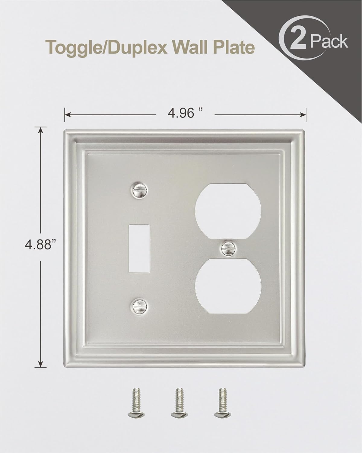 2-Pack Combination 1 Toggle/1 Duplex Wall Plate, Metal Switch Plate and Outlet Cover, Satin Nickel, Midsize, A035 Series