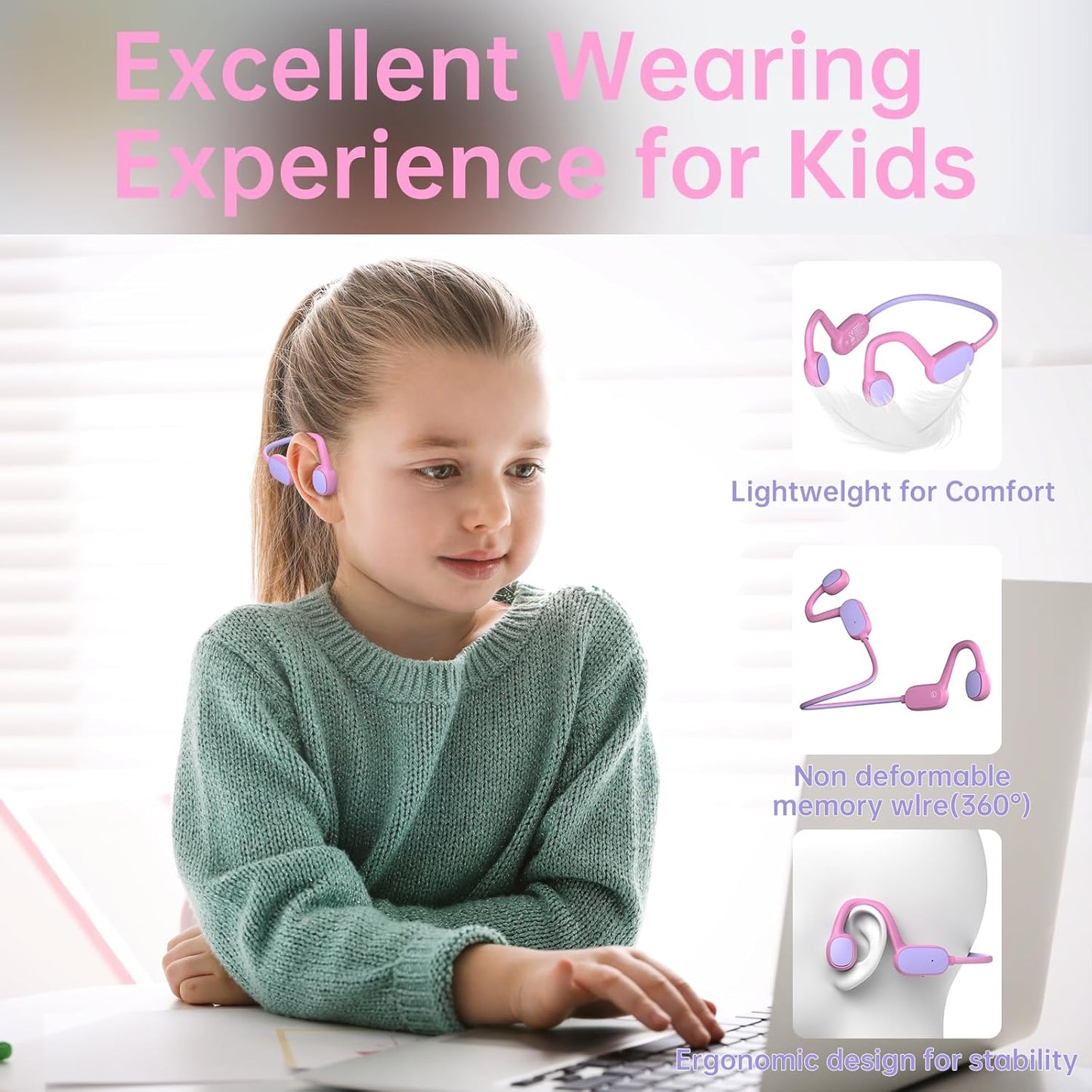 Kids Headphones, Bluetooth 5.2 Air Conduction Open Ear Headphones, 85dB Volume Limiting, Stereo Sound with Mic, IPX5 Waterproof, 20H Playtime, Perfect for School and Outdoor-Pink