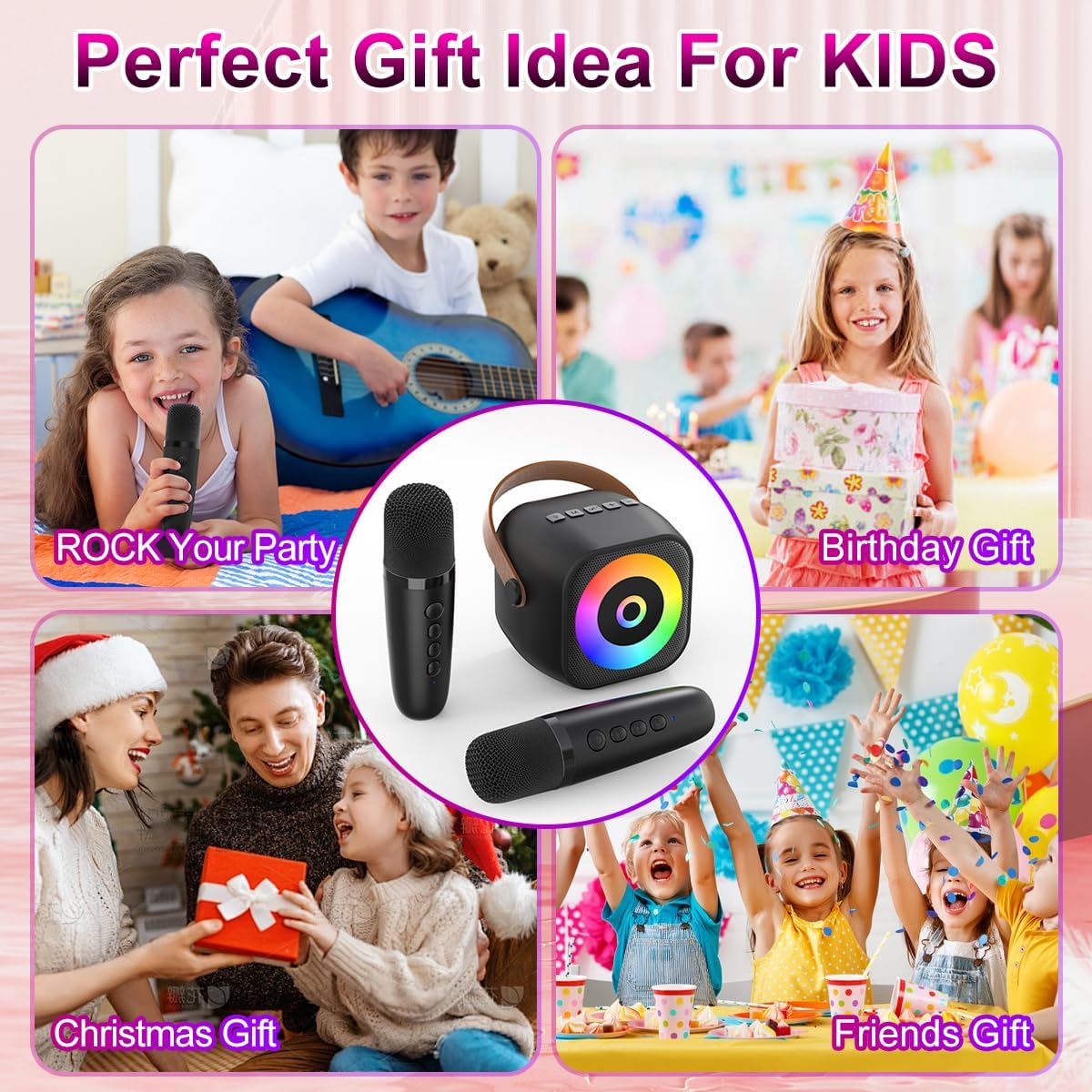 Mini Karaoke Machine, Portable Bluetooth Karaoke Speaker with 2 Wireless Mics for Kids and Adults, Birthday Gifts for Girls and Boys 3-12+ Years Old Birthday Party Home Black