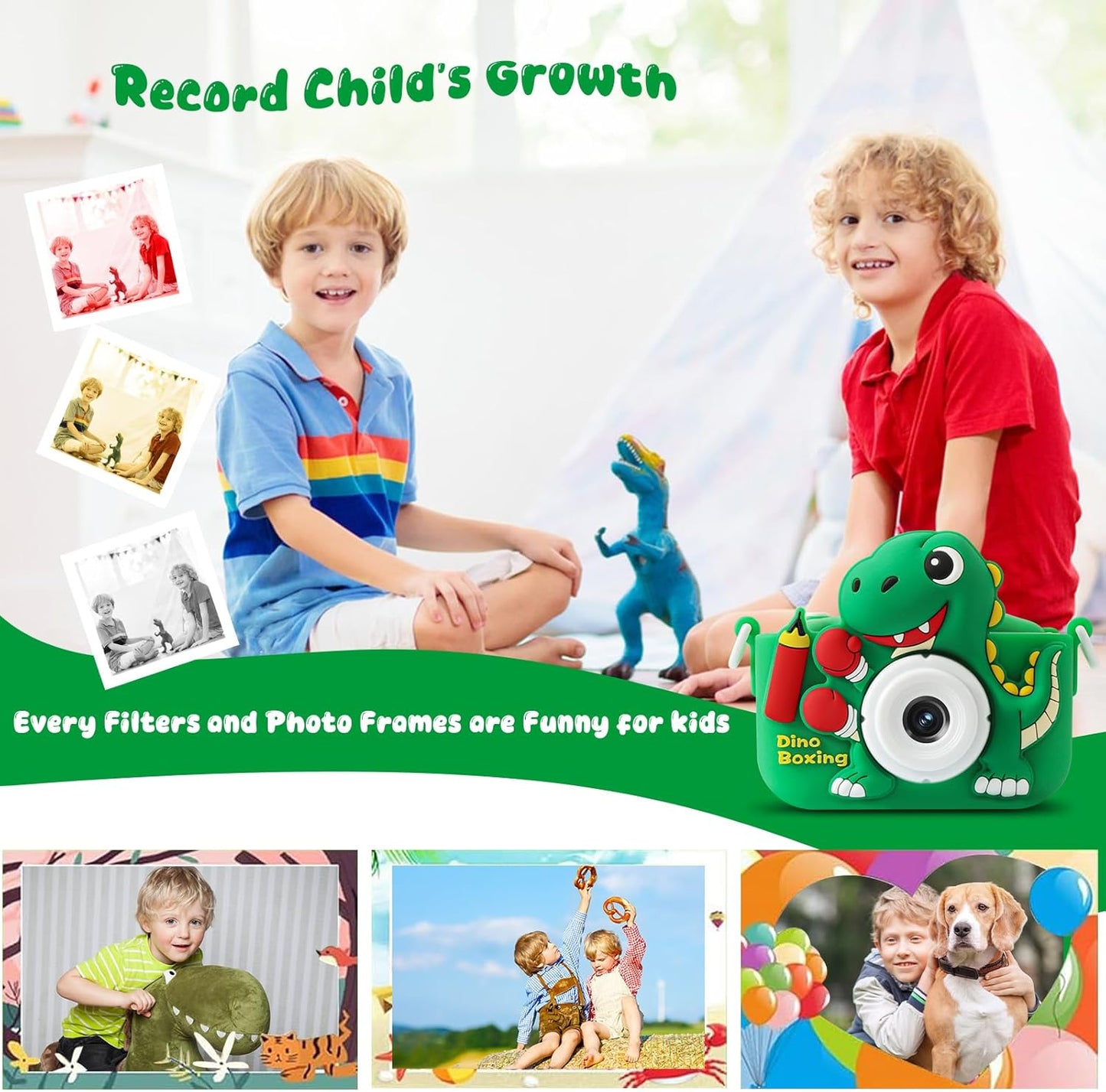 Kids Camera, Dinosaur Kids Camera for Kids Boys, Toddler Camera Digital Camera for Kids Age 3-12, Christmas Birthday Gifts Toys for 3 4 5 6 7 8 9 10 Years Old Boys, 1080P HD Selfie Video Camera