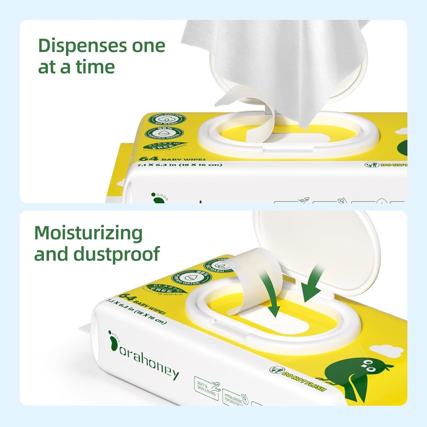 100% USA Cotton Baby Wipes for Sensitive Skin, 99% Purified Water Unscented Wet Wipes, Hypoallergenic & Plastic-Free, 768 Count (12 Flip-Top Packs of 64)