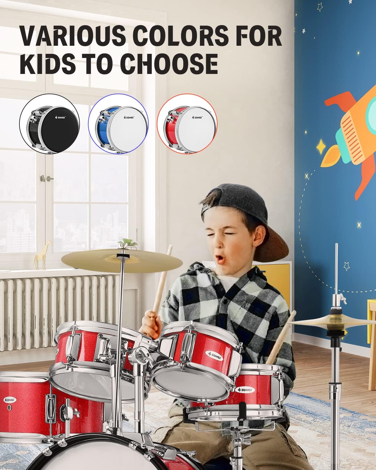Kids Drum Sets Donner 5-Piece for Beginners,14 inch Junior Drum Kit, with Adjustable Throne, Cymbal, Hi-Hat, Pedal & Drumstick-Red