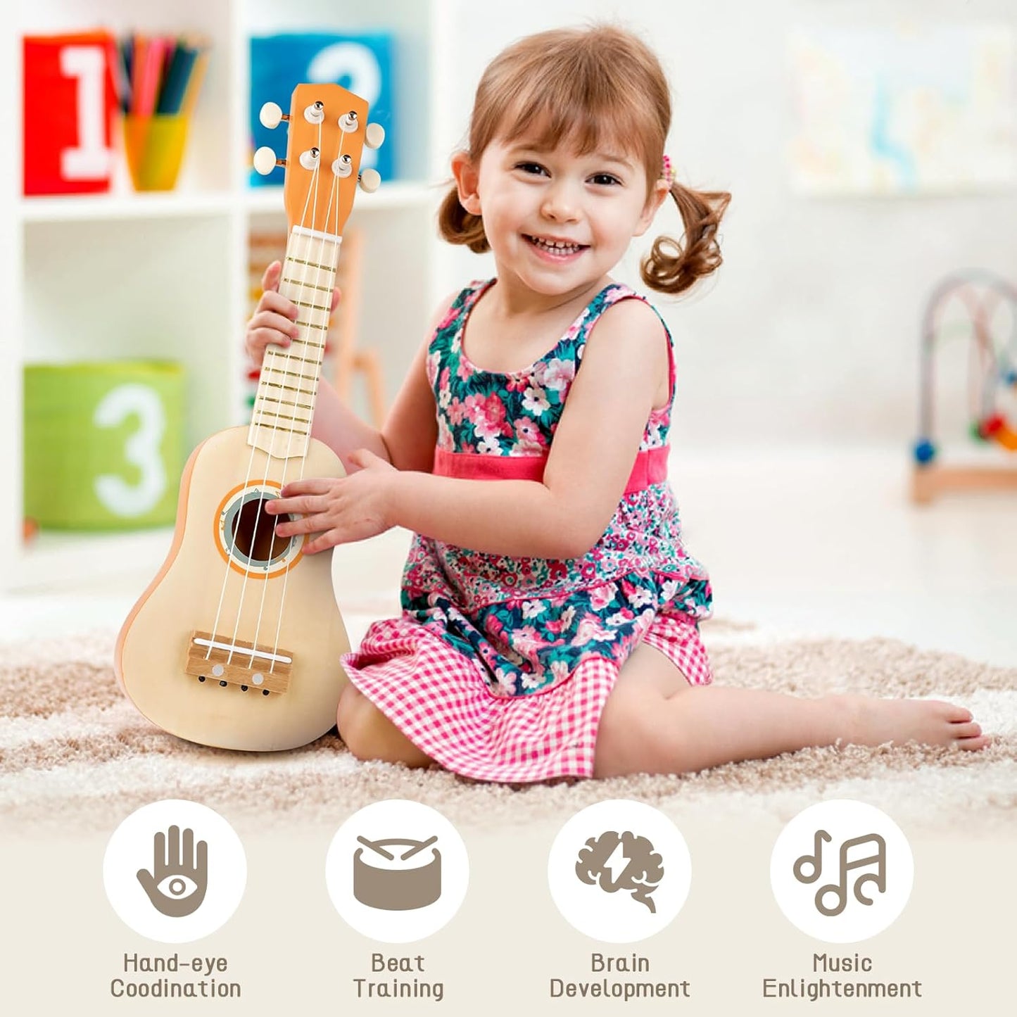 Kids Guitar Set - 7 in 1 Musical Instruments for Toddlers 2-4, Wooden Musical Toys for 2 3 4 Year Old Boy & Girls Birthday Gifts, Band Sets with Ukulele/Flute/Tambourine/Maracas Toys for Kids 3-5