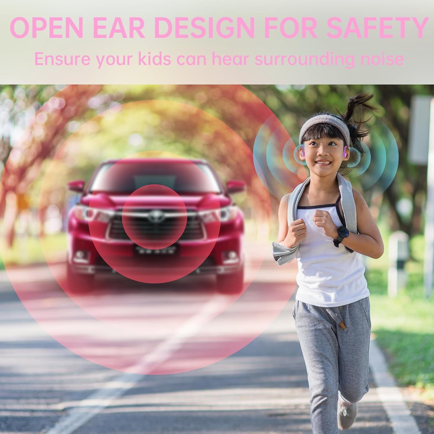 Kids Headphones, Bluetooth 5.2 Air Conduction Open Ear Headphones, 85dB Volume Limiting, Stereo Sound with Mic, IPX5 Waterproof, 20H Playtime, Perfect for School and Outdoor-Pink
