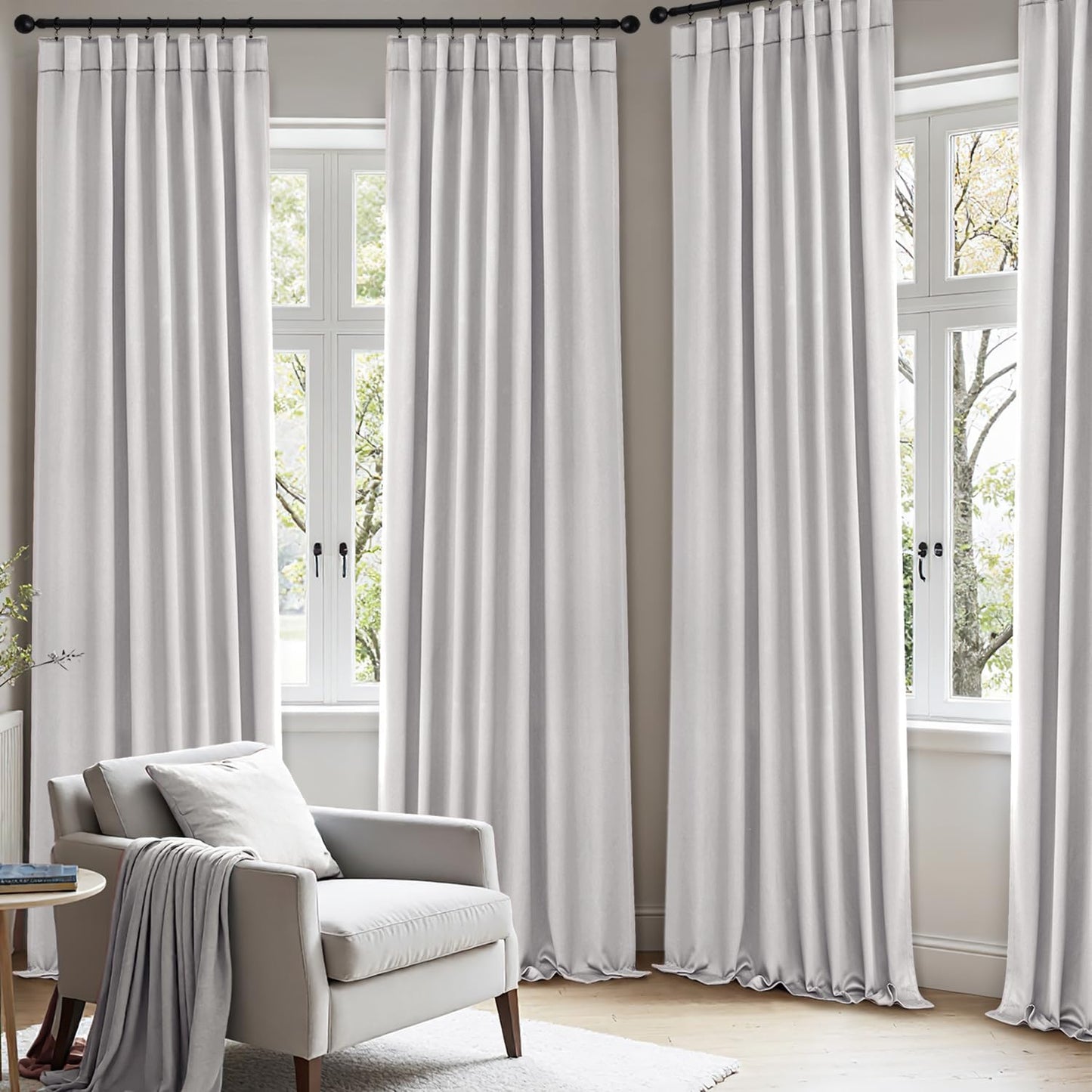 ANRODUO Back Tab Blackout Curtains for Bedroom Living Room, Rod Pocket Pinch Pleated Thermal Insulated Room Darkening Curtains 63 Inches Long 2 Panels, Greyish White, 42 x 63 Inch