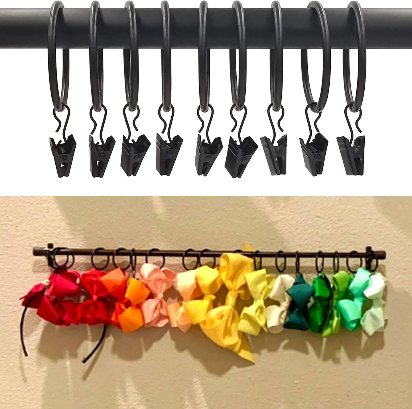 20 Pack Black Curtain Rings with Clips, Curtain Hooks Hangers Clip Rings for Hanging Drapes Bows Hat, Drapery Rings 1.77 in I D, Fits up to 1.5 in Diameter Curtain Rod.