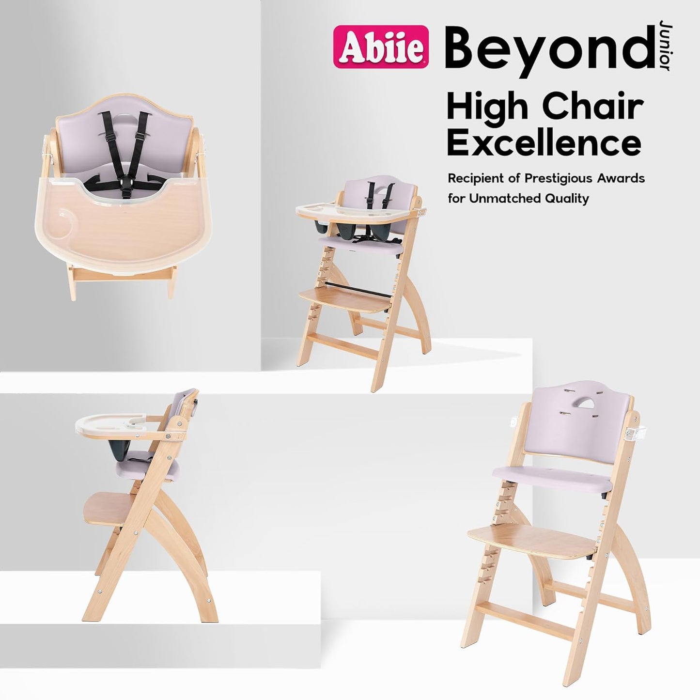 Abiie Beyond Junior Wooden High Chair with Tray - Adjustable and Convertible High Chair for Babies and Toddlers - 6 Months to 250 Lb - Water Resistant - Natural Wood with Lilac Cushion