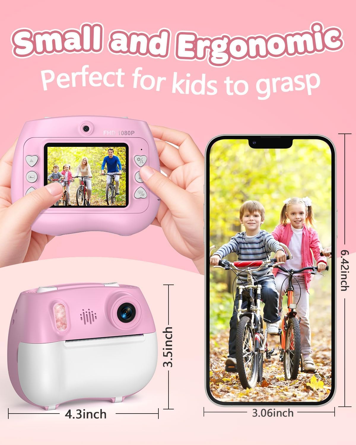 Kids Instant Print Camera Selfie Function - Front Rear Dual Kid Camera with 1080P Video for Girls Ages 3-12, Toddler Portable Travel Print Digital Camera for 3 4 5 6 7 8 9 10 11 12 Year Old Pink