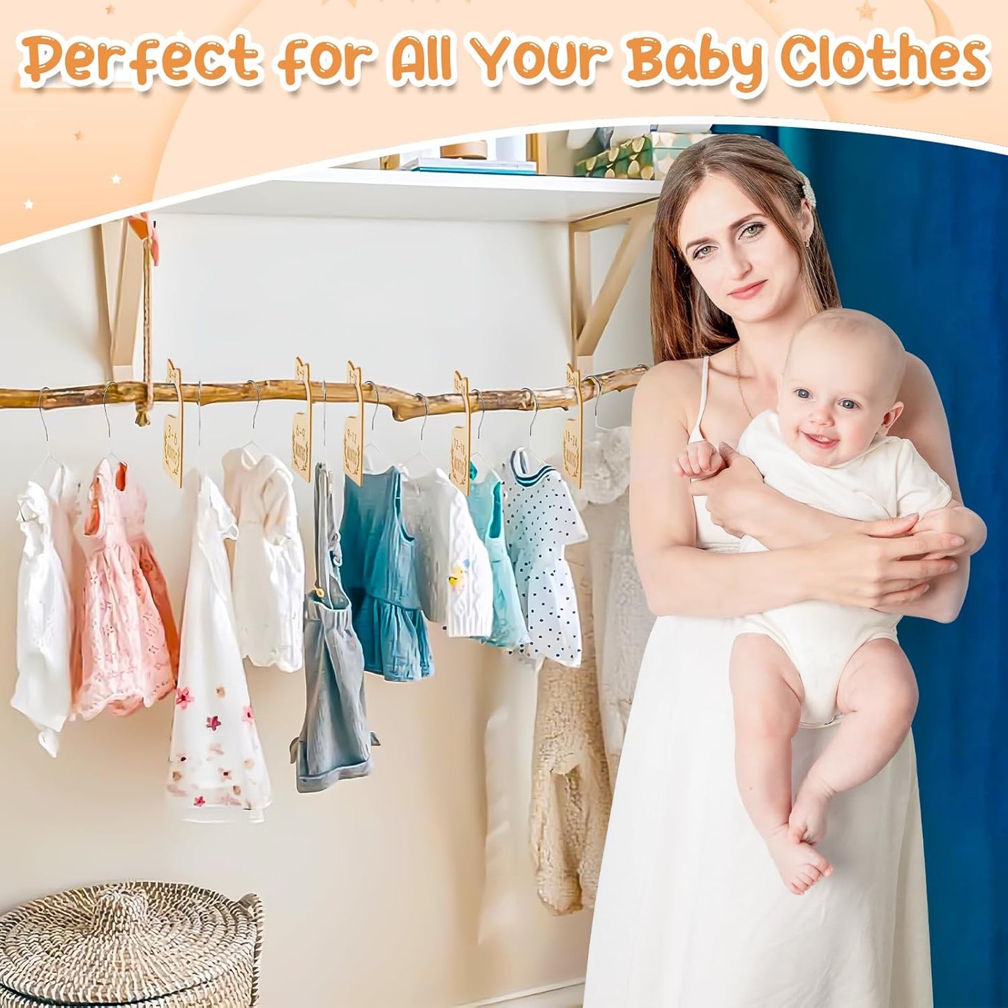 8Pcs Wooden Baby Closet Dividers for Baby Clothes Organizer, and 30Pcs Baby Hangers, Baby Closet Organizer Baby Clothes Dividers for New Mom Dad Parents, 0-24 Months, Large, SL0058