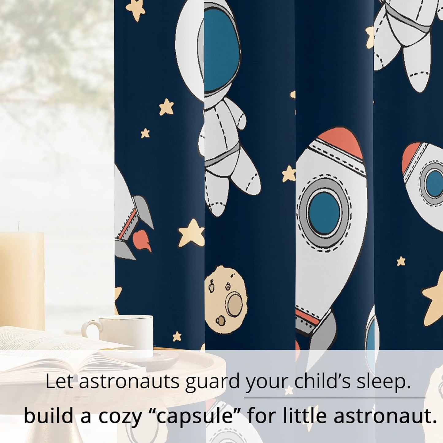 Kids Space Astronaut Planets Rockets Blackout Curtains - 100% Blackout, Thermal Insulated, Noise Reducing, for Kids Room and Nursery, 2 Panels (Astro Buddy Rockets, W52×L63)