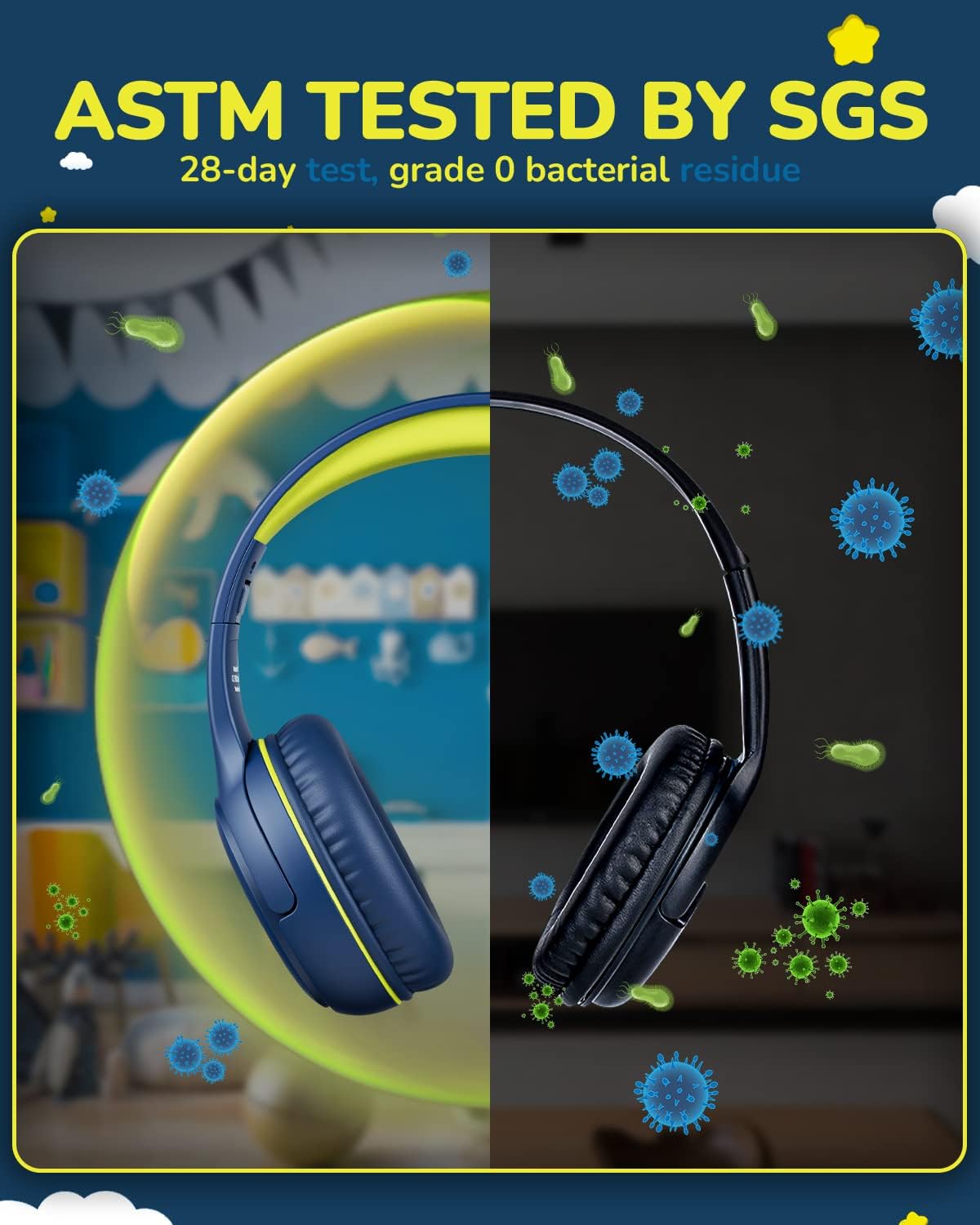 Kids Headphones for School Toddler Wired with Microphone Plug in Bulk Boys Headset Girls 3+ Year Old Blue Green shareport Phones Teen Volume Control Airplane Two People Childrens Babies