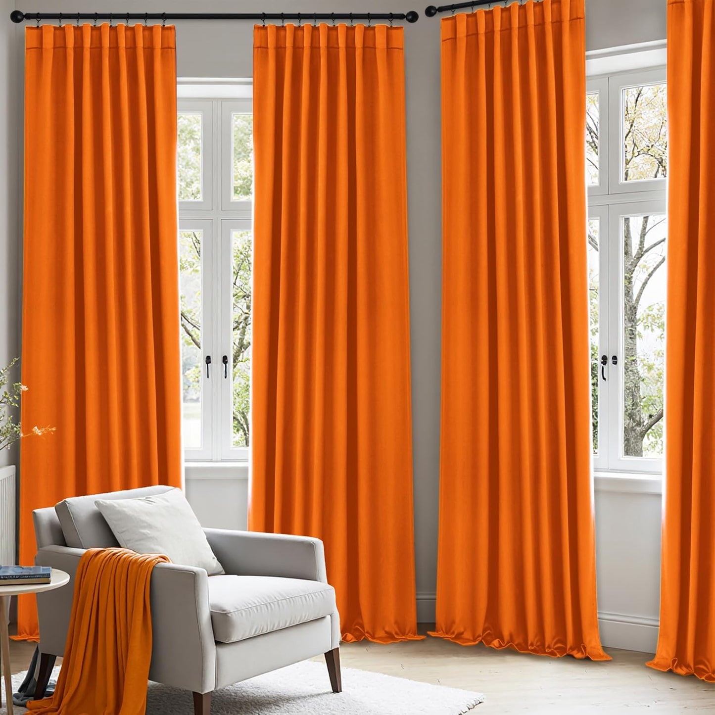 ANRODUO Back Tab Blackout Curtains for Bedroom Living Room, Rod Pocket Pinch Pleated Thermal Insulated Room Darkening Curtains 90 Inches Long 2 Panels, Orange, 42 x 90 Inch