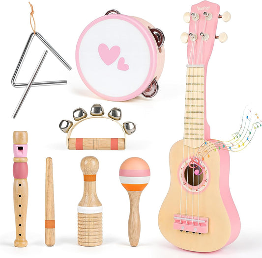 Kids Guitar Set for Girls - Toys for 2 3 4 Year Old Girl Birthday Gifts - 7 in 1 Wooden Montessori Musical Instruments with Ukulele/Tambourine/Maracas/Flute for Toddler 2-5(Pink)
