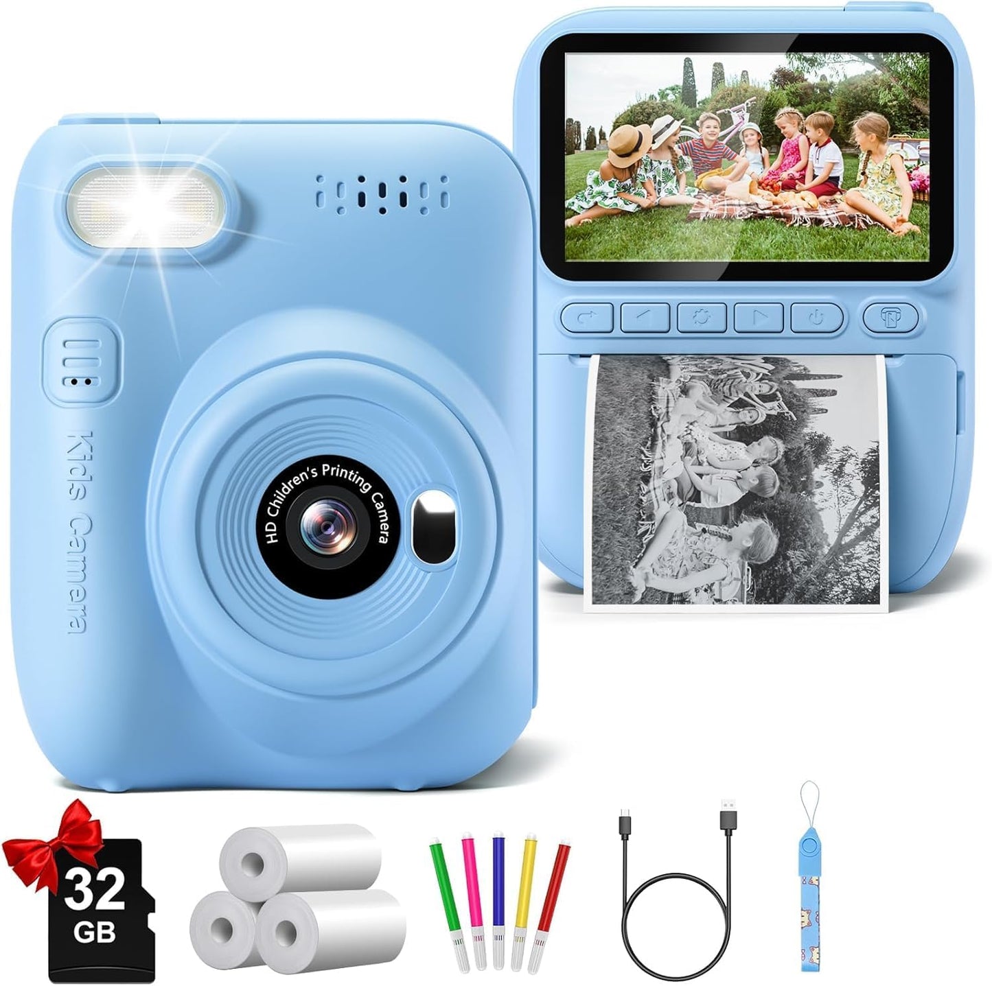 Kids Camera Instant Print, 3.0" HD 32MP Birthday Gifts for 3-12 Year Old Girls Boys, 1080P Digital Camera for Toddler Children, Portable Toy with 32GB SD Card-Blue