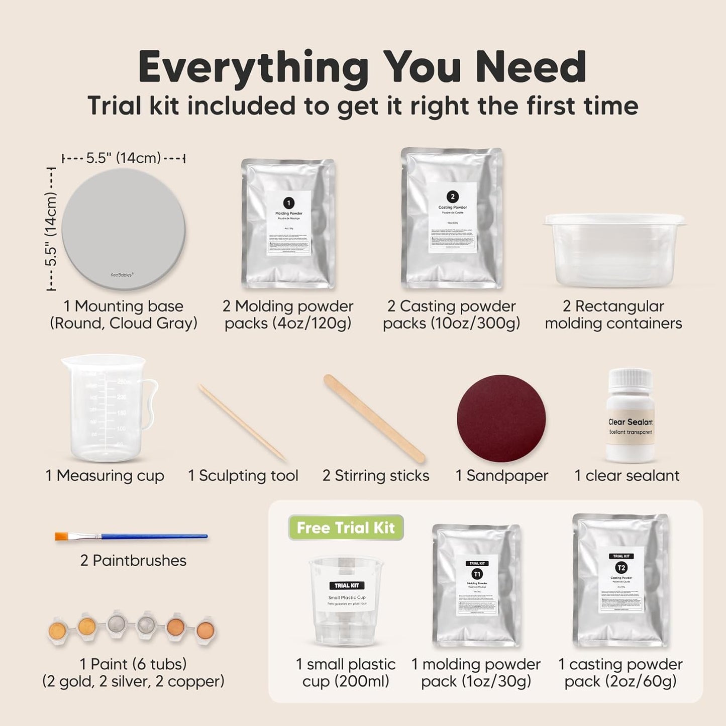 KeaBabies Baby Casting Kit Hands and Feet Mold - 3D Newborn Hand Casting Kit & Stylish Wood Base, Easy DIY Infant Foot Molds 0-9 Months,BPA-Free Baby Keepsake,Shower Gifts for Moms (Round, Cloud Gray)