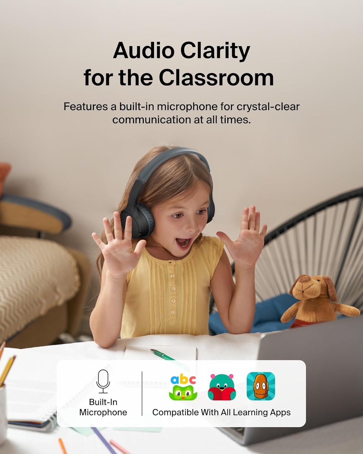 Belkin SoundForm Mini Kids Wireless Headphones w/Built-in Microphone, 30H of Playback Time, Fun Stickers, & Case - Over-Ear Headsets for Online Learning, School, iPhone, iPad, Galaxy, & More - Black