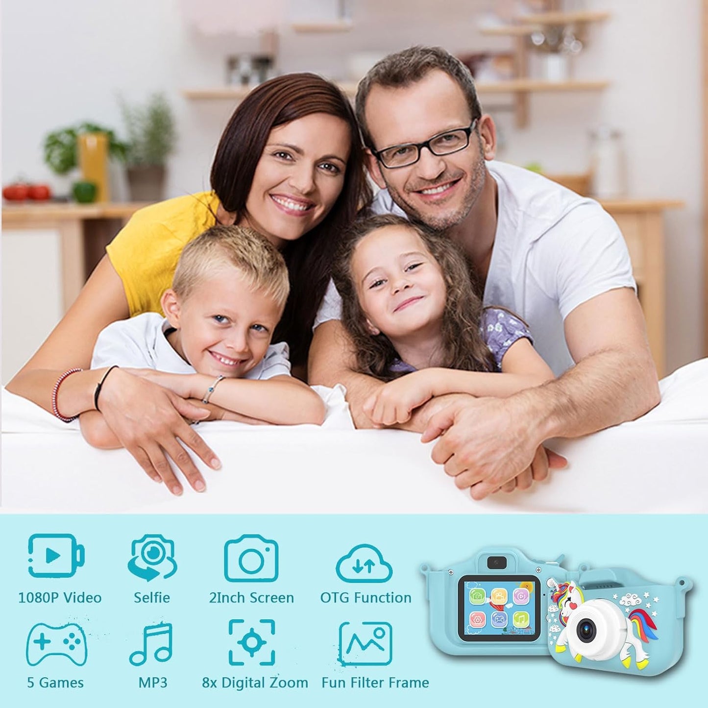 Kids Camera Toys,48MP Dual Lens with 64G SD Card and Cartoon Soft Cover for 3-8 Year Old Girls Boys (BlueDJS)