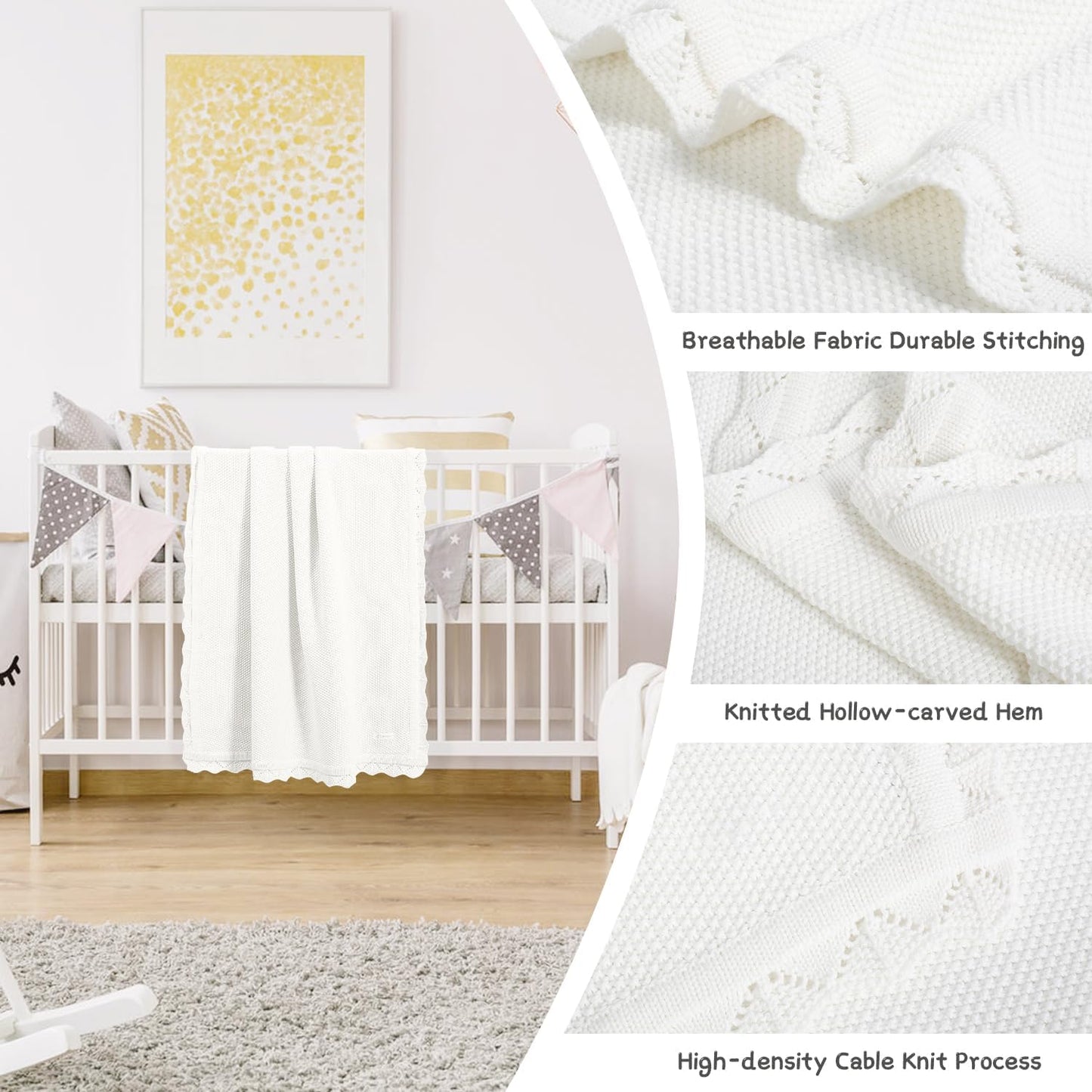 100% Cotton Baby Blanket Knit Lace Soft Warm Toddler Blanket,30 x 40 Inches,White
