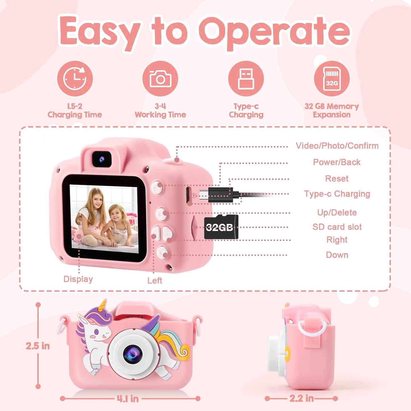 Kids Camera, Toys for Toddlers Age 3-8 Year Old Girl Christmas Birthday Gifts, Children Digital Camera with Cartoon Soft Silicone Cover and 32GB Card (Sakura Pink)