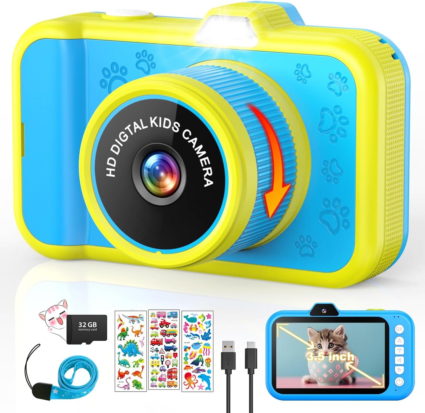 Kids Camera with Rotating Zoom Lens, 3.5” Large Screen, 1080P Kids Digital Camera with Flash,Selfie, 32GB Card, Toddler Toy Camera Christmas Birthday Gifts for Boys Girls 3-12 Years Old-Blue
