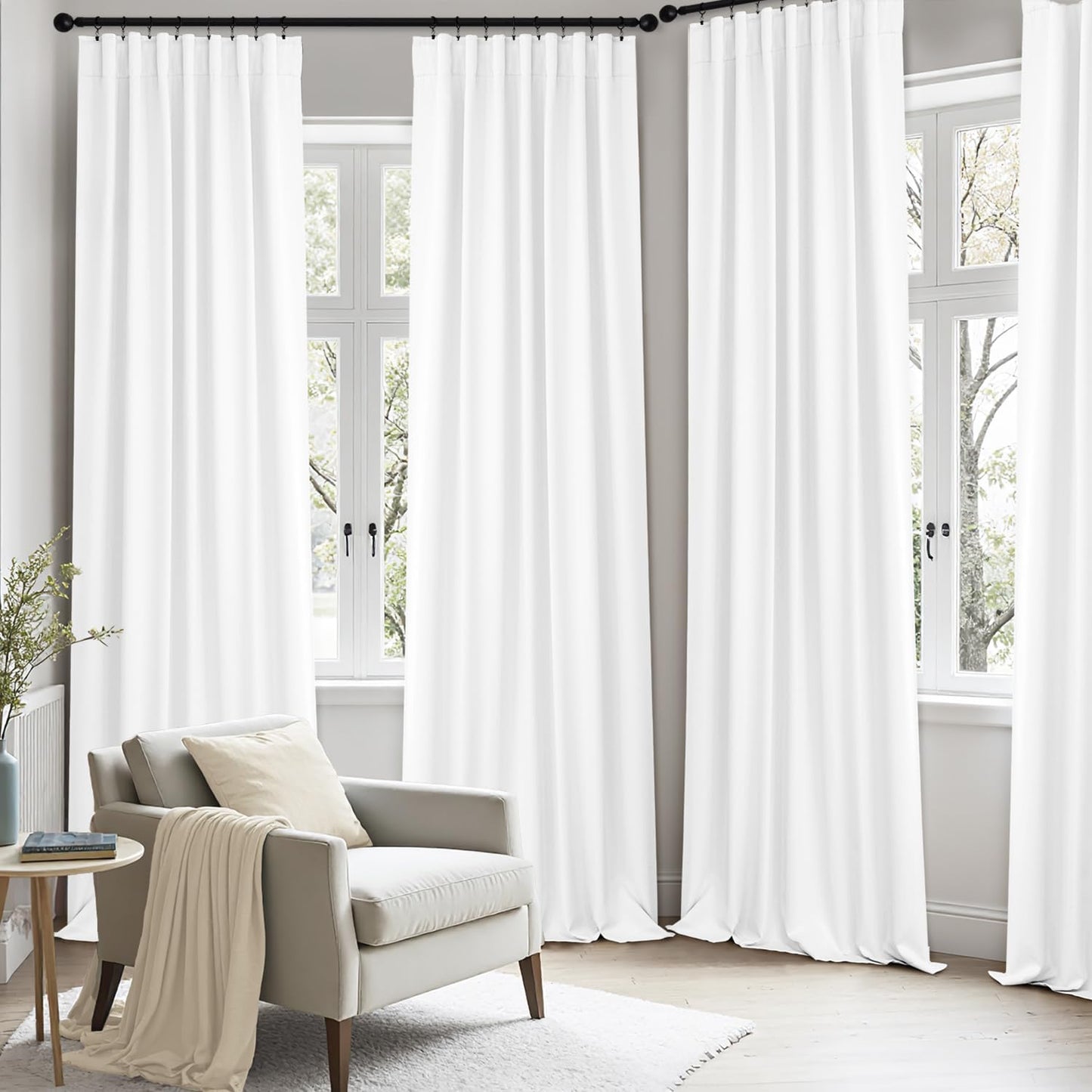 ANRODUO Back Tab Blackout Curtains for Bedroom Living Room, Rod Pocket Pinch Pleated Thermal Insulated Room Darkening Curtains 90 Inches Long 2 Panels, White, 42 x 90 Inch