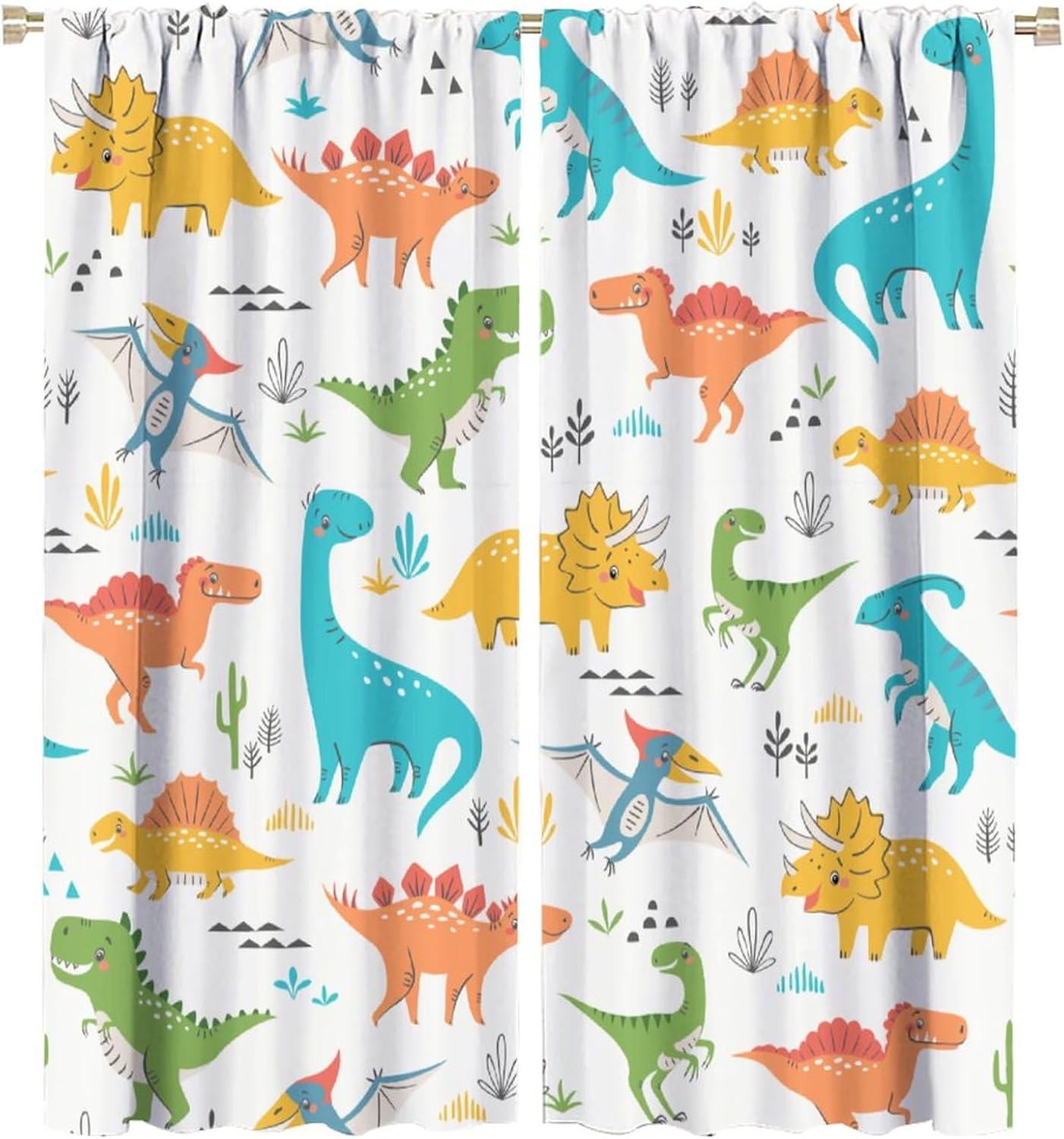 Kids Dinosaur Curtains for Boys Girls Bedroom Decor Cartoon Dino Colorful Cute Funny Animal Wildlife Printed Blackout Rod Pocket Window Drapes for Baby Nursery Playroom W27.5xL63in 2 Panels