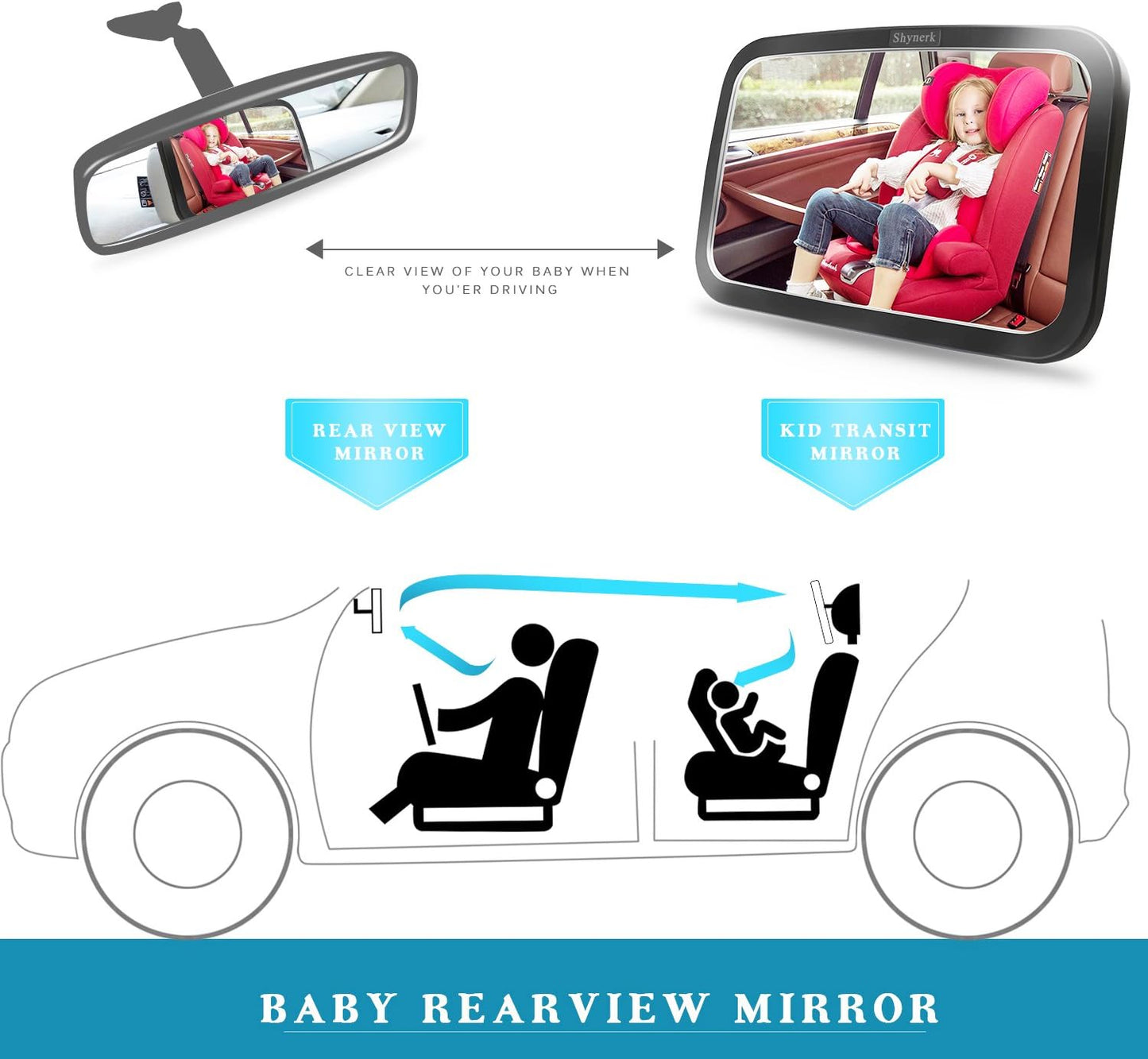 Shynerk Baby Car Mirror, Safety Car Seat Mirror for Rear Facing Infant with Wide Crystal Clear View, Shatterproof, 360° Rotation, Crash Tested and Certified