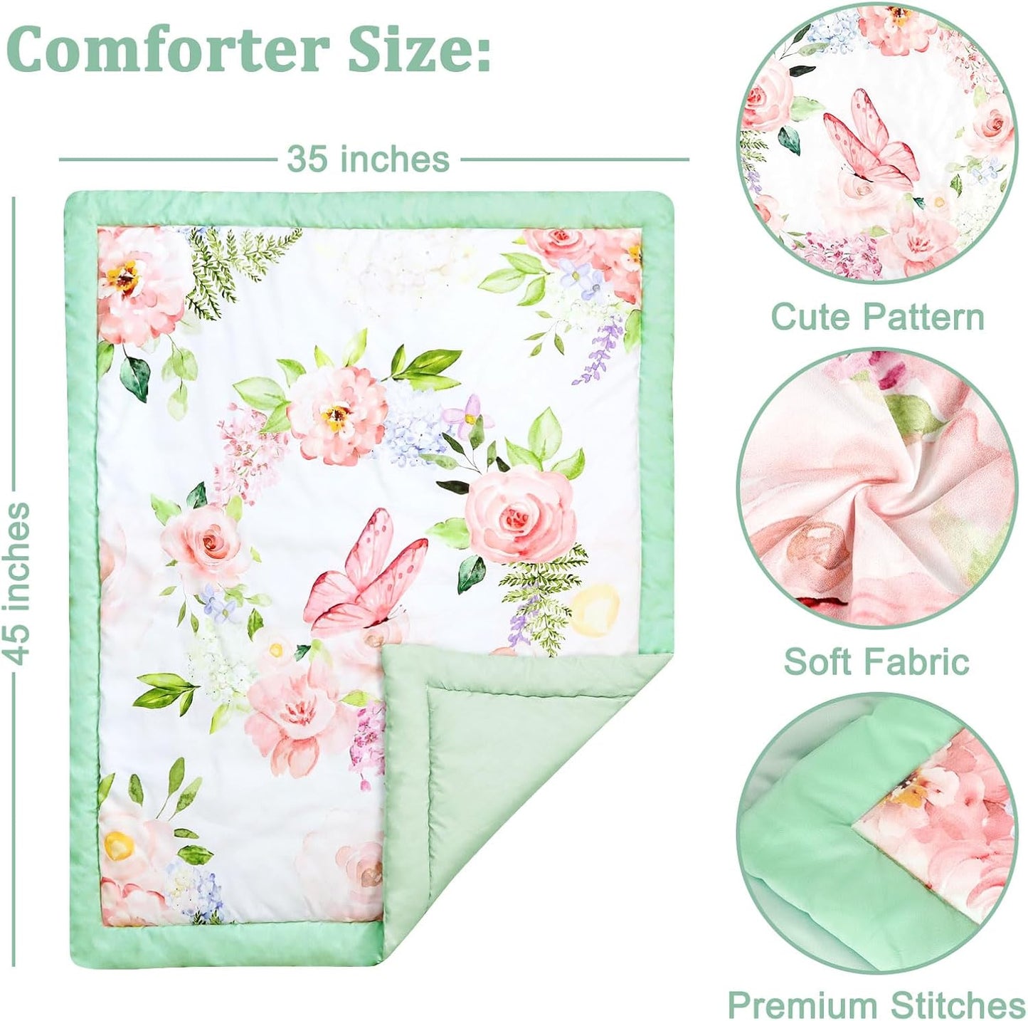 4-Piece Crib Bedding Set, Baby Girl Crib Bedding Set Butterflies Floral Nursery Bedding Set Includes Comforter, Fitted Crib Sheet, Crib Skirt, and Diaper Stacker, Green & Pink