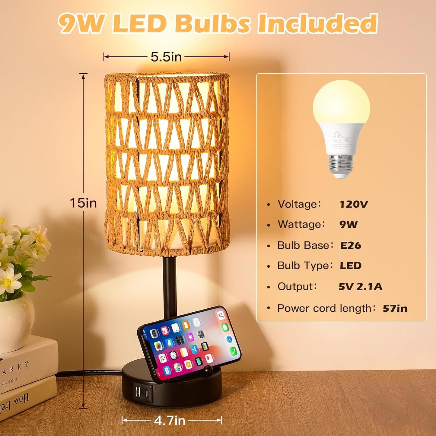 Rattan Table Lamps for Living Room, 3 Way Dimmable Touch Lamps, Small Bedside Lamps with LED Bulbs, Phone Stand, USB Ports and AC Outlet, Boho Nightstand Lamp for Kids Room, Bedroom, Office (1 Pack)