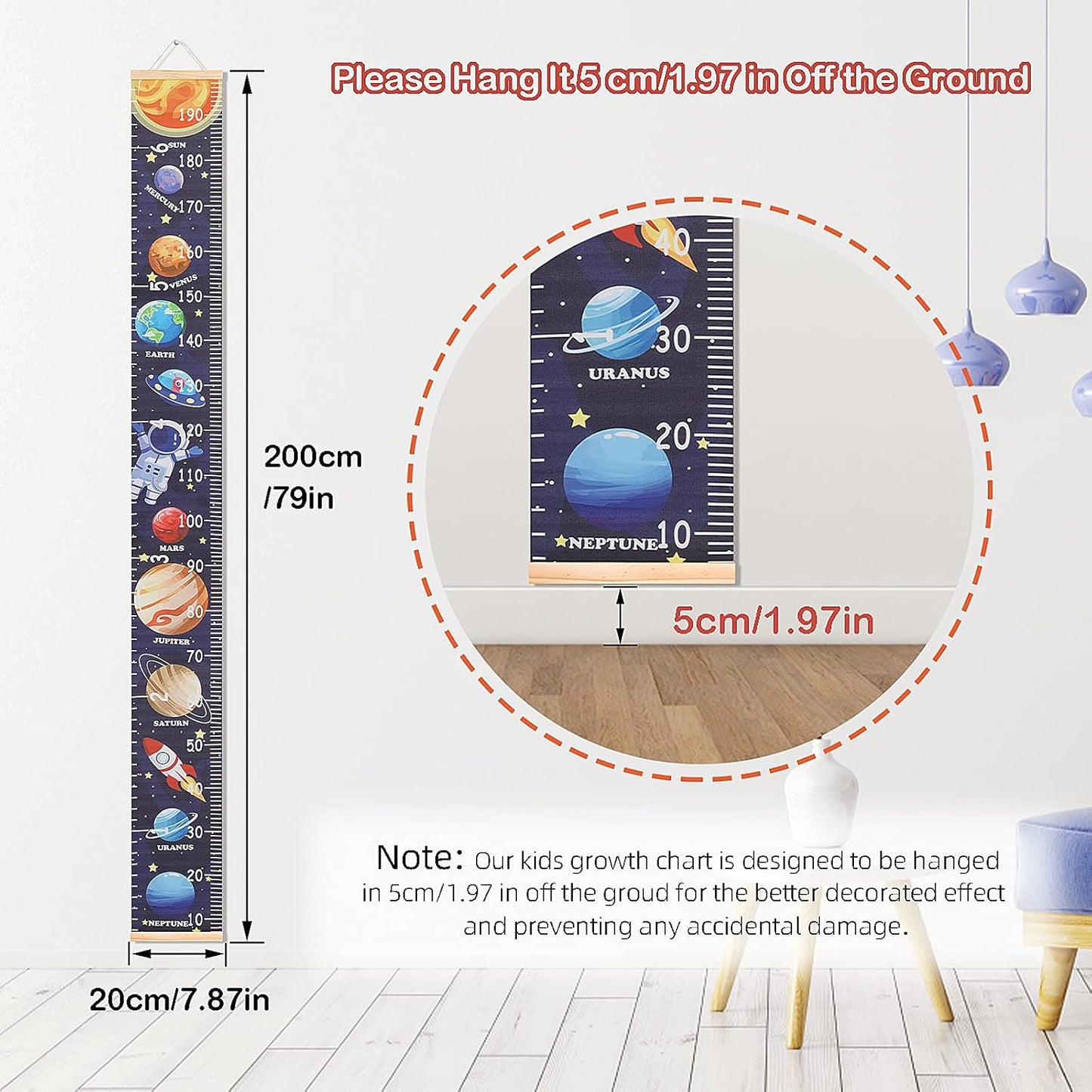 Kids Growth Chart Height Measuring Chart, Outer Space Canvas Wall Hanging Rulers for Baby Children Kids Boys Bedroom Decor 74.8'' 7.87''