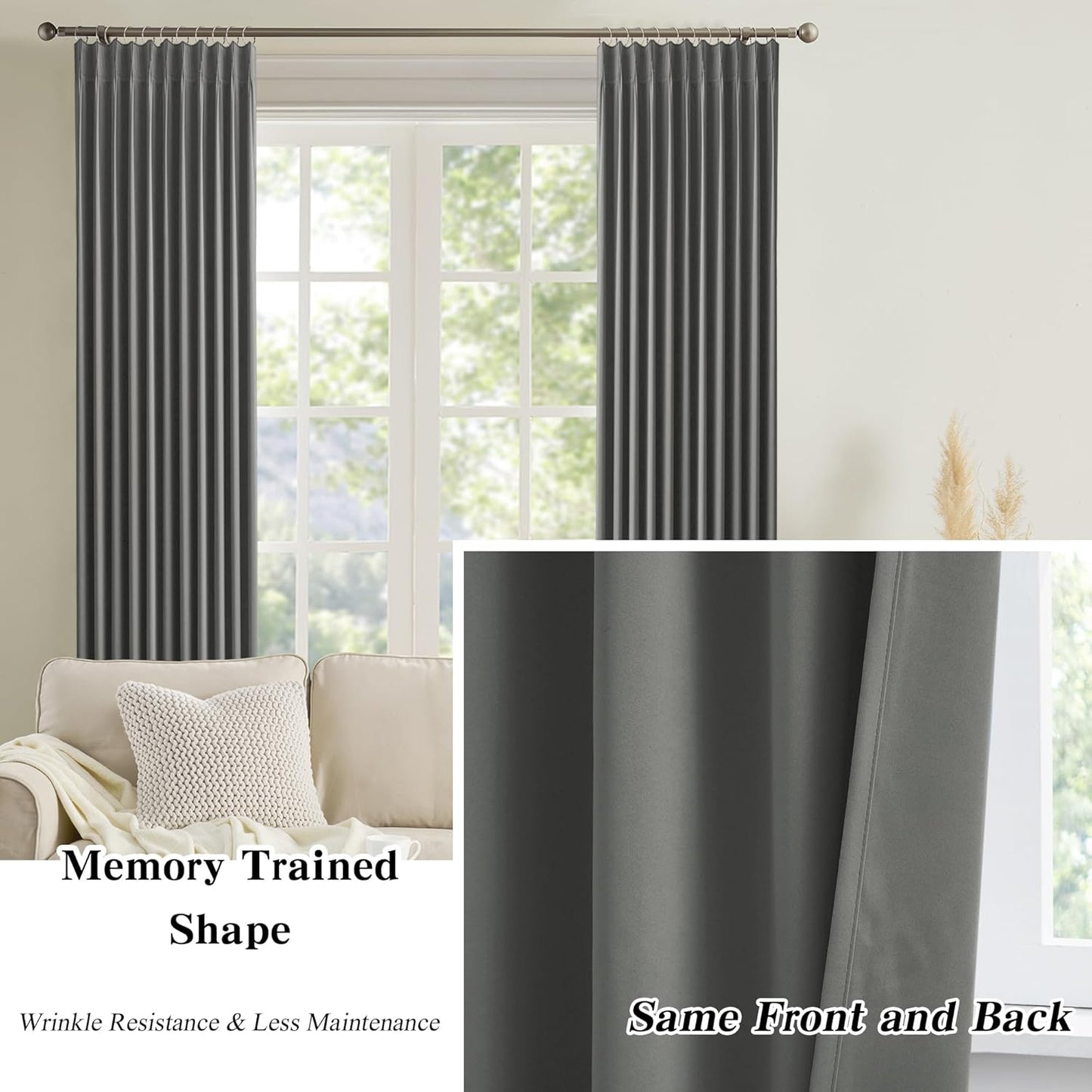 KEQIAOSUOCAI Grey Block Out Curtains for Bedroom, Sound Reducing Solid Window Treatment for Cafe/Kitchen/Night Shift,Blackout Curtain Panels with Pinch Pleat,W40 x L45, Set of 2