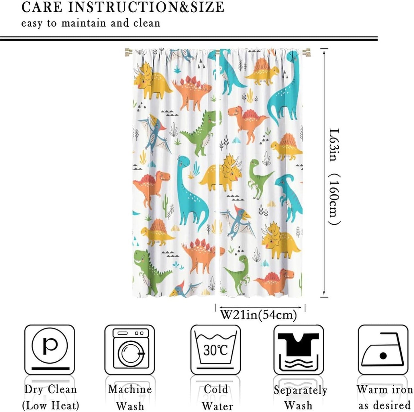 Kids Dinosaur Curtains for Boys Girls Bedroom Decor Cartoon Dino Colorful Cute Funny Animal Wildlife Printed Blackout Rod Pocket Window Drapes for Baby Nursery Playroom Living Room W21xL63in 2 Panels