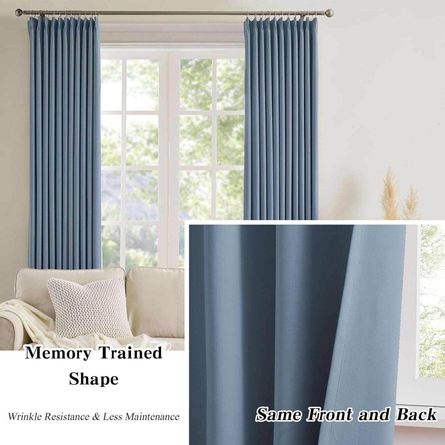 KEQIAOSUOCAI Pinch Pleated Blackout Curtain Drapes for Window 100" L - Triple Weave Energy Saving Thermal Room Divider Blackout Panels for Patio (72" Wide per Panel, 2 Panels, Dusty Blue)