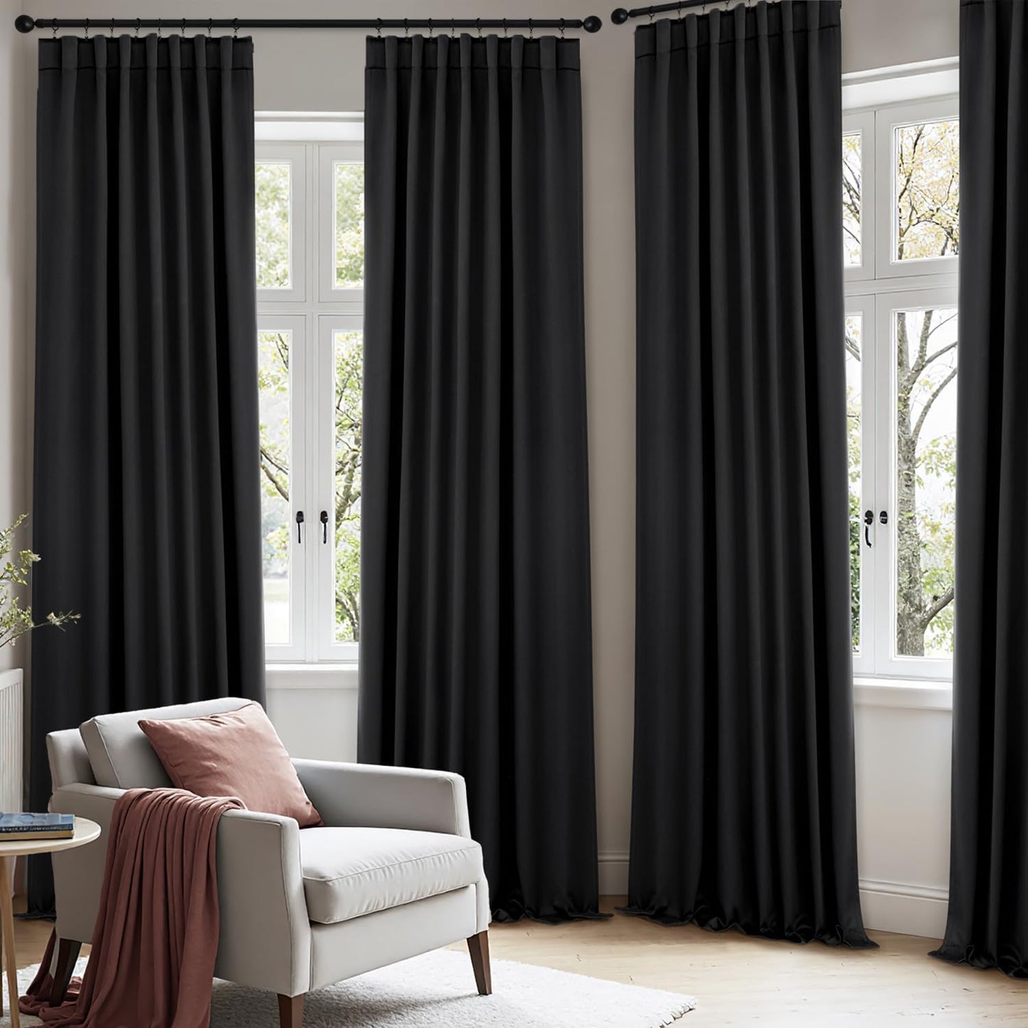 ANRODUO Back Tab Blackout Curtains for Bedroom Living Room, Rod Pocket Pinch Pleated Thermal Insulated Room Darkening Curtains 90 Inches Long 2 Panels, Black, 42 x 90 Inch
