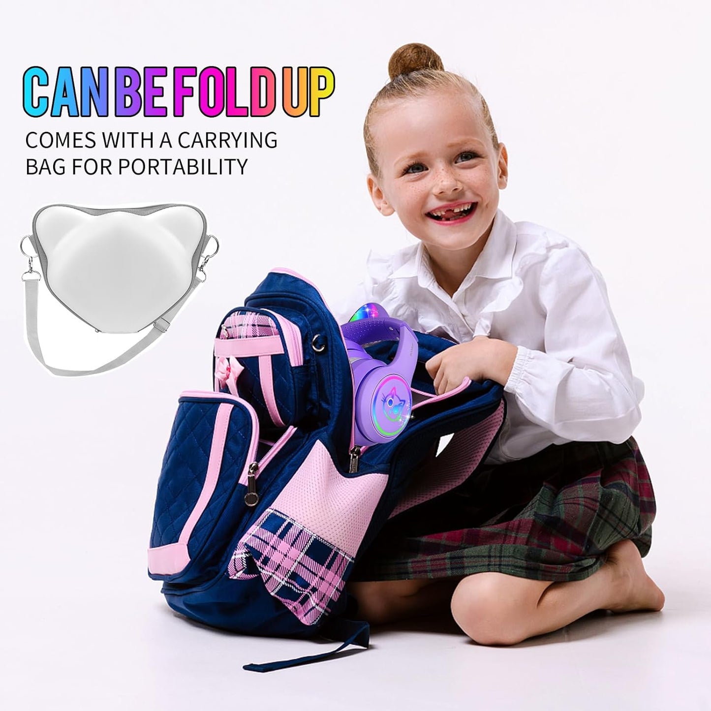 Kids Headphones with Microphone Light Up Cat Ear Bluetooth Wireless Headset Volume-limiting for Girls Boys for School Gifts with Case (Purple)