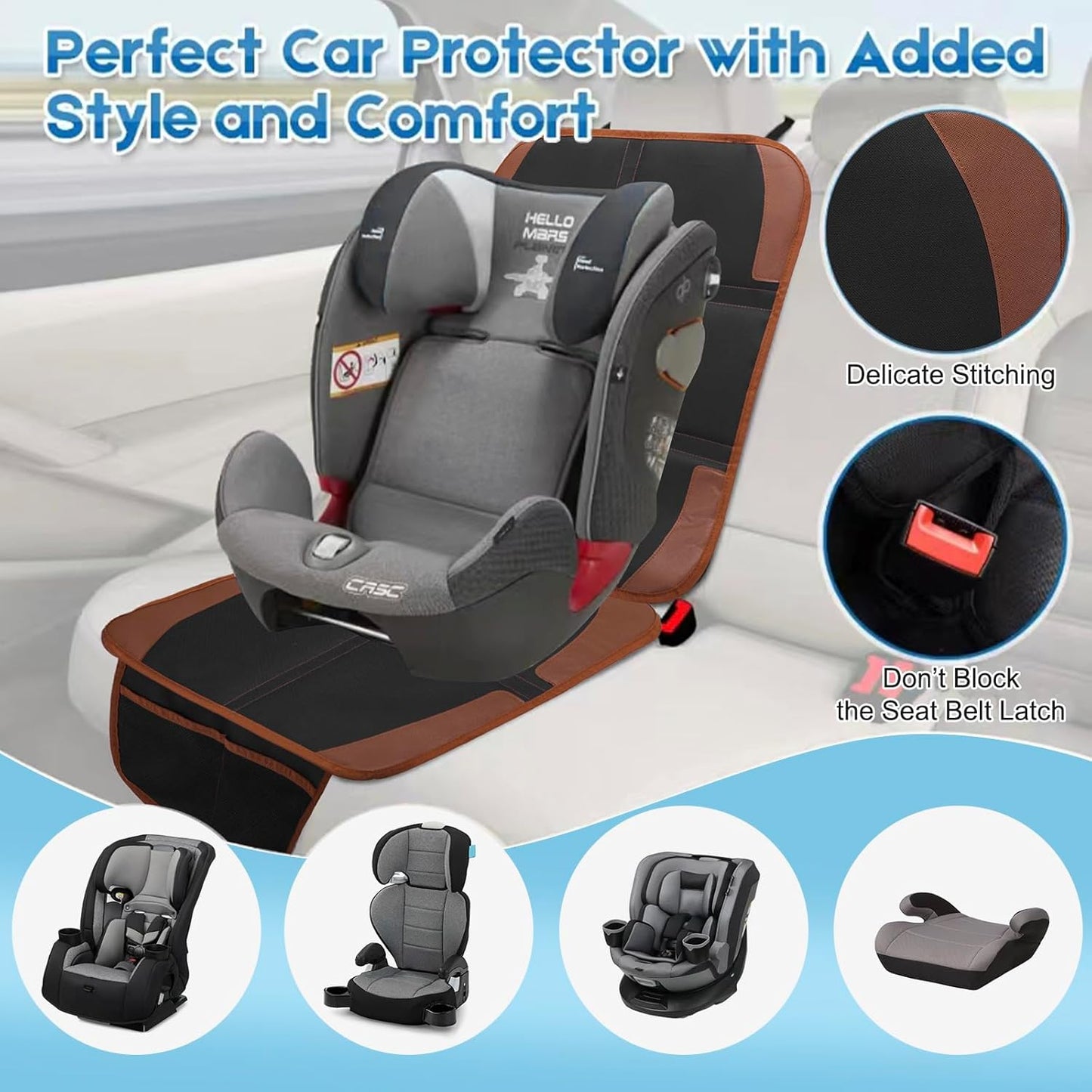 Car Seat Protector for Child, 2 Pack With Mesh Pockets & Non-Slip Backing 600D Durable Under Baby Seat Cover for Back Seat (Dark Brown, Standard)