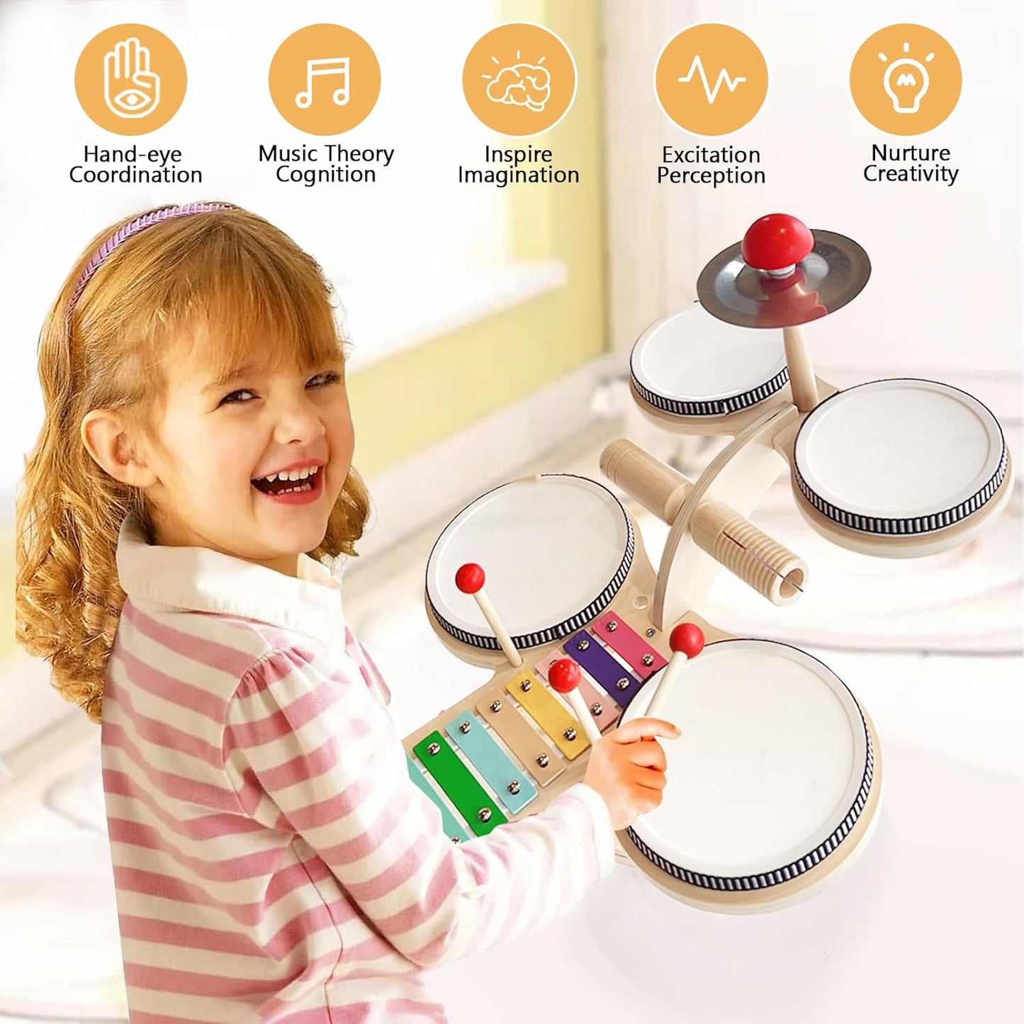 Kids Drum Set for Toddlers - 7 in 1 Montessori Kids Musical Instruments Preschool Educational Toys, Xylophone Tambourine Birthday Gifts for Boys and Girls, Drum Set for Toddlers 3-5