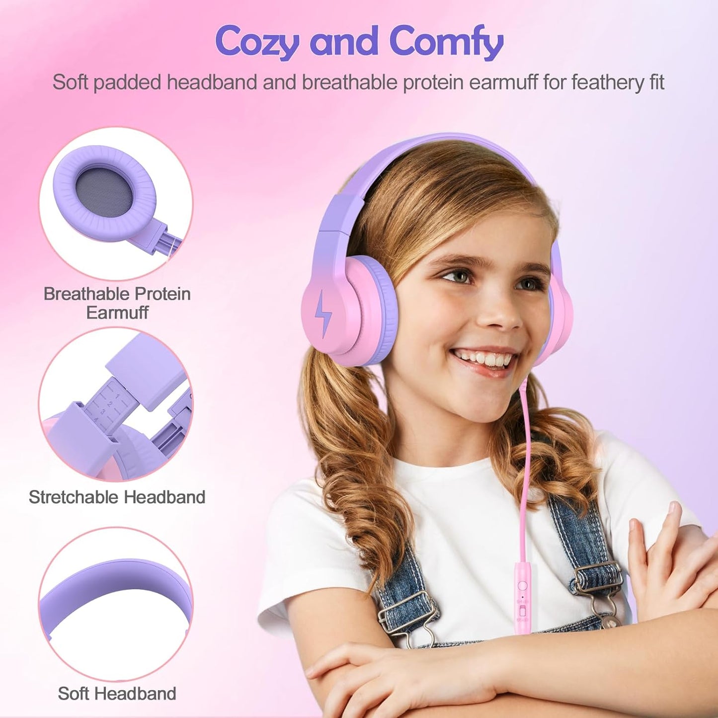 Kids Headphones, Wired Headphones for Kids Over Ear with Microphone, 85/94dB Volume Limiter Headphone for Girls Boys, Foldable Headphone for Learning & Entertainment, Gradient Red